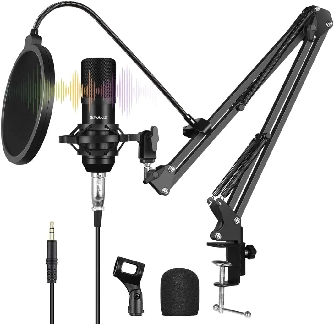 میکروفون USB پولوز با بازوی قیچی‌شکل، پایه ضد لرزش فلزی و کارت صدای USB، مجموعه گیره نصب روی میز برای یوتیوب، استریمینگ، بازی، ضبط موسیقی، صداگذاری و پخش زنده (مشکی)