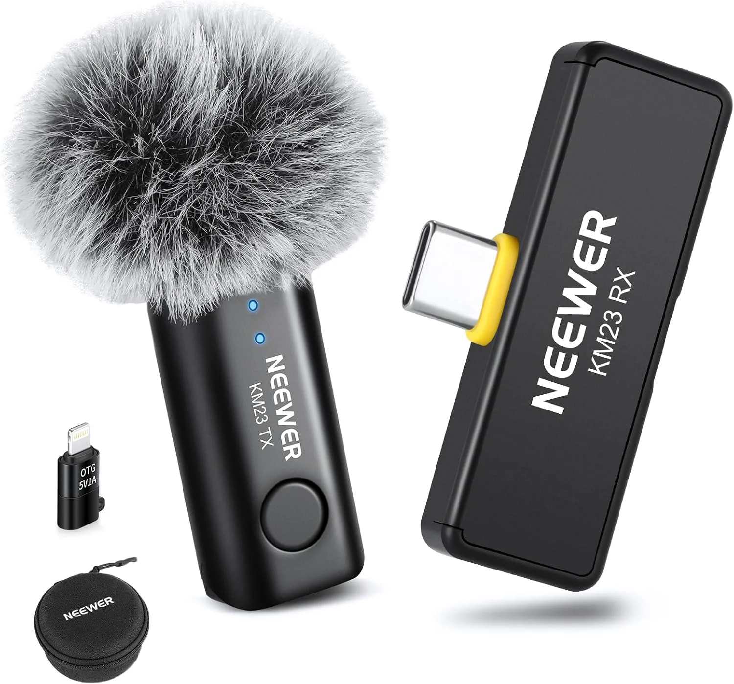 سیستم میکروفون یقه ای بی سیم نیور، 1 عدد گیرنده USB C با آداپتور OTG و 1 عدد فرستنده کندانسور همه جهته با قابلیت حذف نویز سازگار با آیفون 16 پرو مکس S24 Ultra، مدل KM23