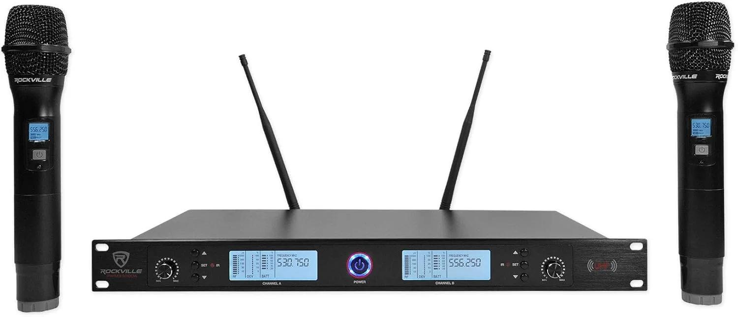 MELKESDE سیستم میکروفون دوگانه بی‌سیم UHF با 200 کانال Rockville (rwm3300ua)