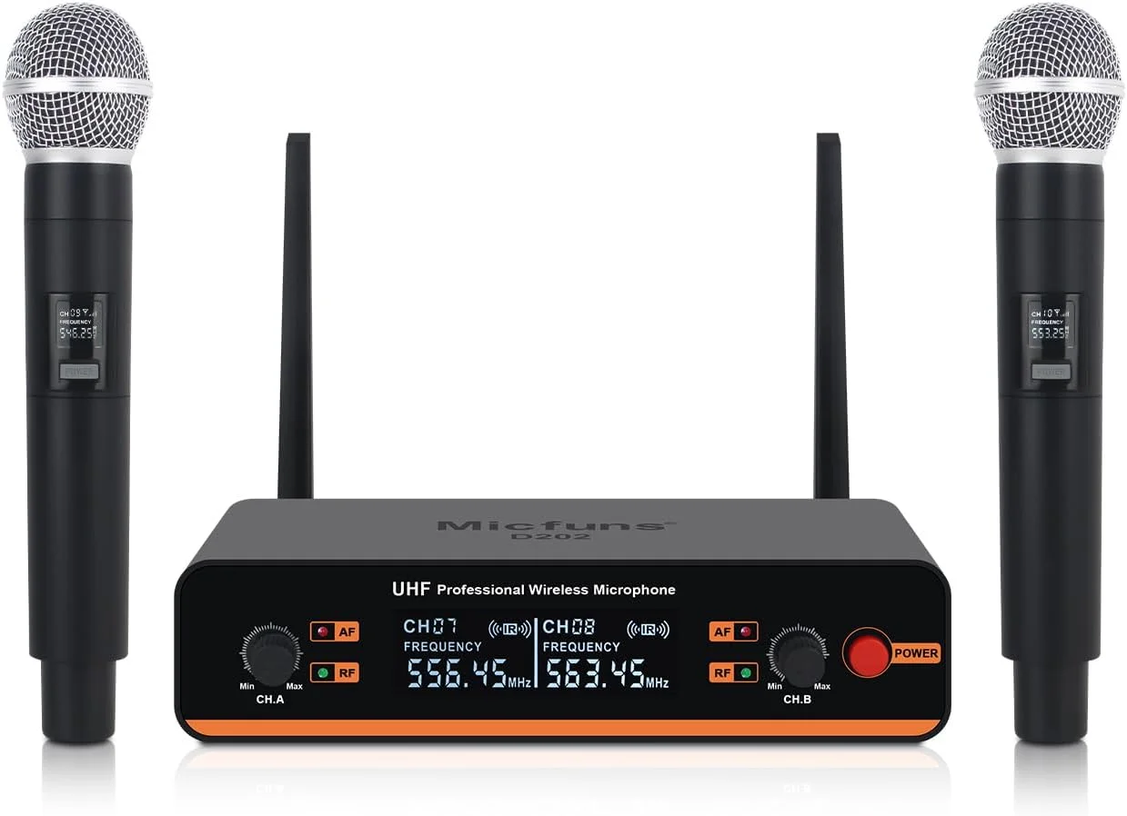 ست میکروفون حرفه ای D20 بی سیم 2 میکروفون دستی UHF 230-250 مگاهرتز سیستم میکروفون با برد 100 متر برای کارائوکه، مهمانی، سخنرانی (D20-2)