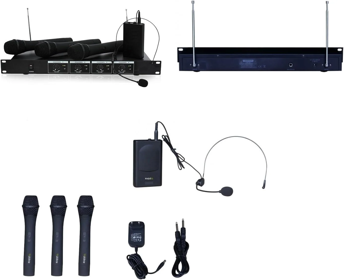 ایبیزا - VHF4 - سیستم میکروفون بی‌سیم با 3 میکروفون دستی VHF، 1 میکروفون هدست VHF و 1 گیرنده - 4 کانال 202.1، 203.5، 205.8 و 207.5 مگاهرتز - مشکی
