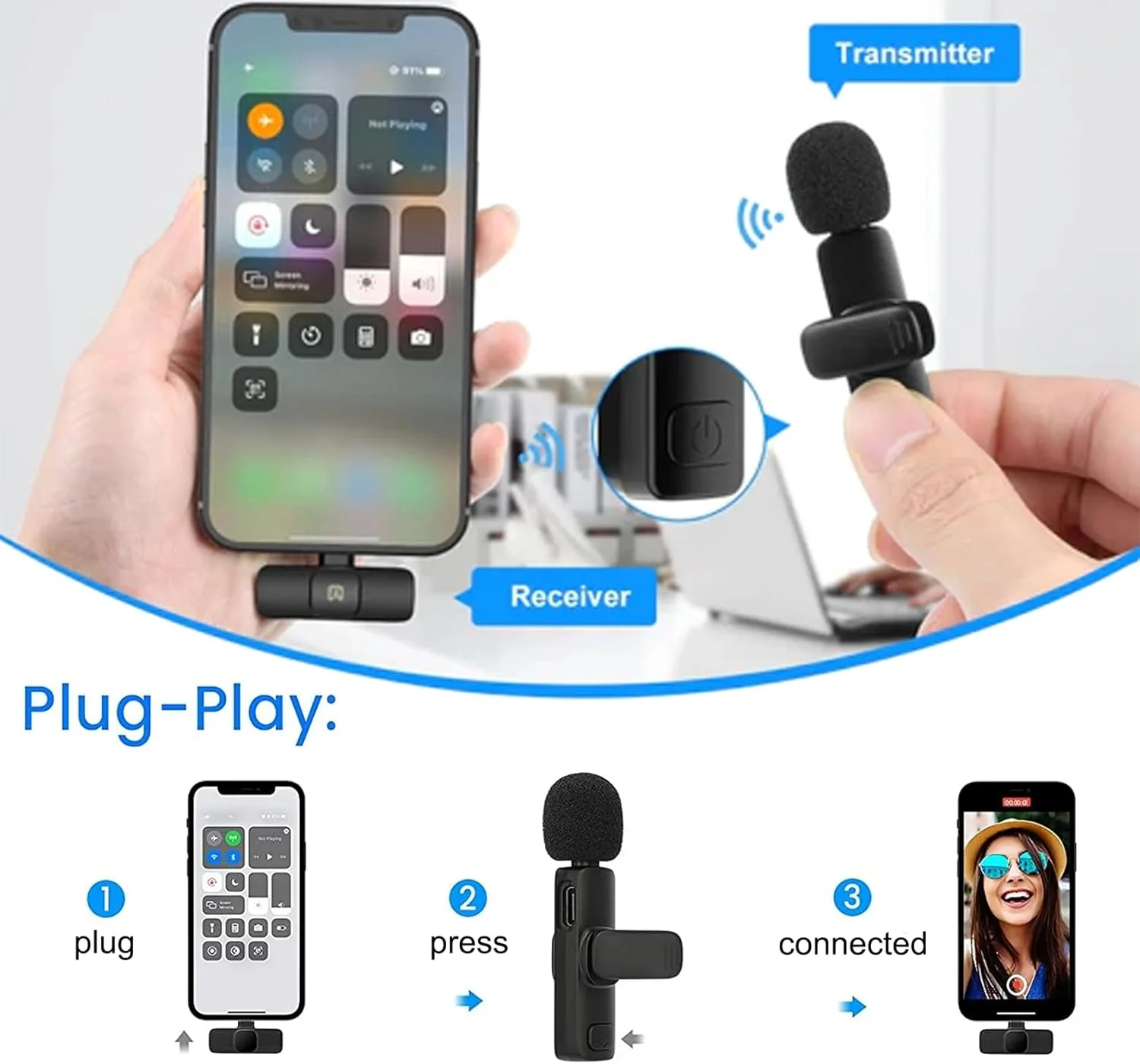 میکروفون کراواتی بیسیم برای ضبط ویدیو برای iOS، وبلاگ، یوتیوب، مصاحبه، 6 ساعت عمر باتری و کاهش نویز میکروفون کراواتی بیسیم برای ضبط ویدیو برای iOS، وبلاگ، یوتیوب، مصاحبه، 6 ساعت عمر باتری و کاهش نویز