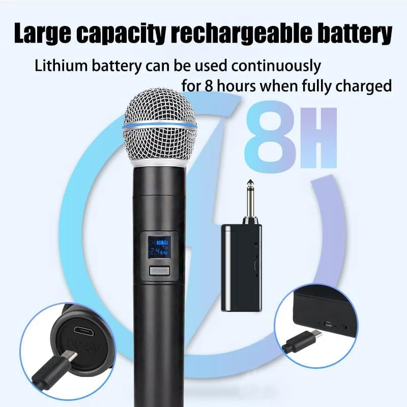 میکروفون بیسیم، میکروفون دستی، فلزی، سیستم میکروفون دستی بیسیم با گیرنده قابل شارژ، مناسب برای کارائوکه، آواز، مهمانیها، عروسیها، دیجی، سخنرانی، 60 متر، HDMIC-5802 میکروفون بیسیم، میکروفون دستی، فلزی، سیستم میکروفون دستی بیسیم با گیرنده قابل شارژ، مناسب برای کارائوکه، آواز، مهمانیها، عروسیها، دیجی، سخنرانی، 60 متر، HDMIC-5802