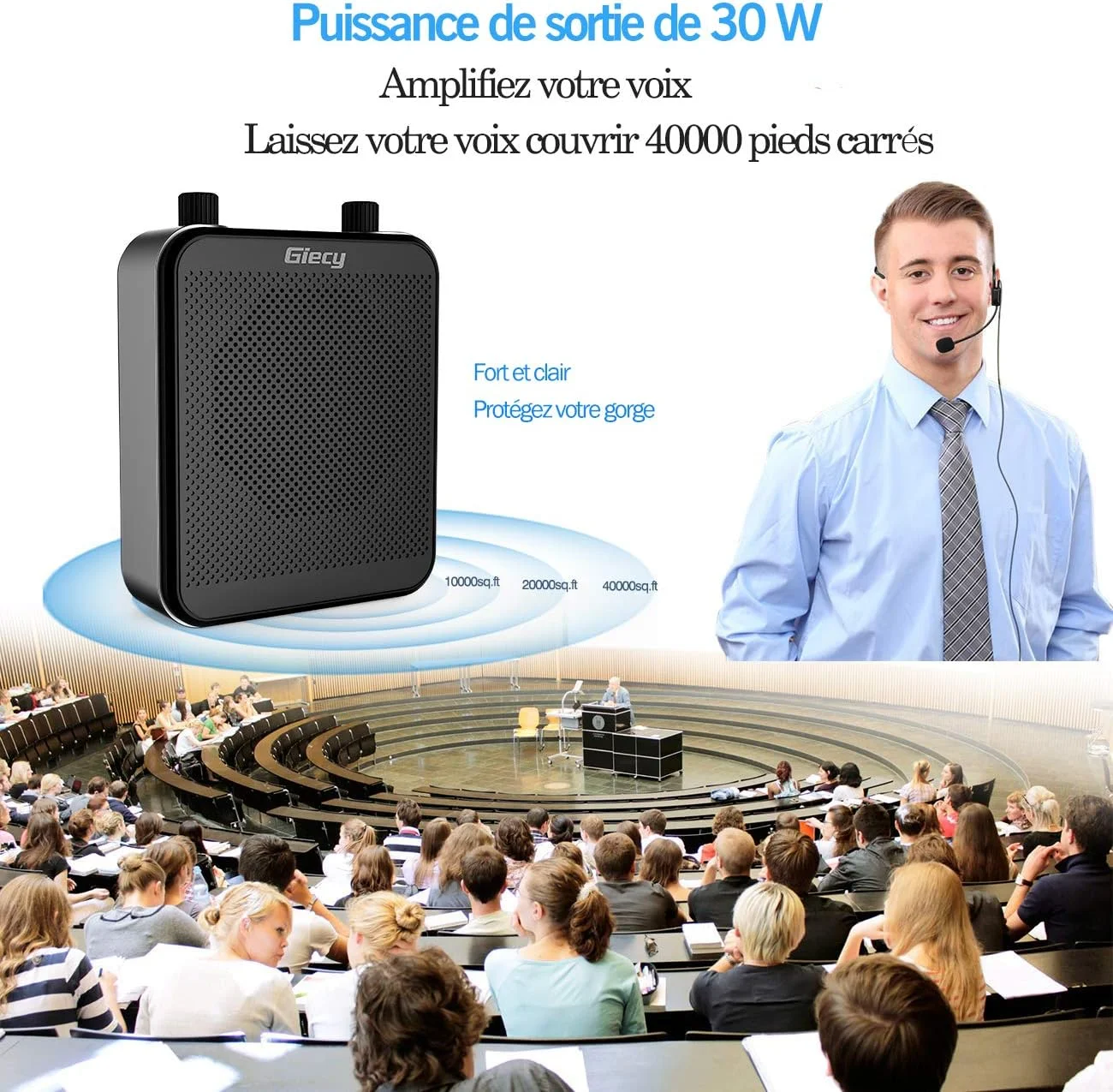 تقویت کننده صدای قابل حمل با میکروفون، هدفون، 30 وات، باتری قابل شارژ 2800 میلی آمپر ساعتی، سیستم صوتی قدرتمند برای معلمان، راهنماها، مربیان، ارائه دهندگان