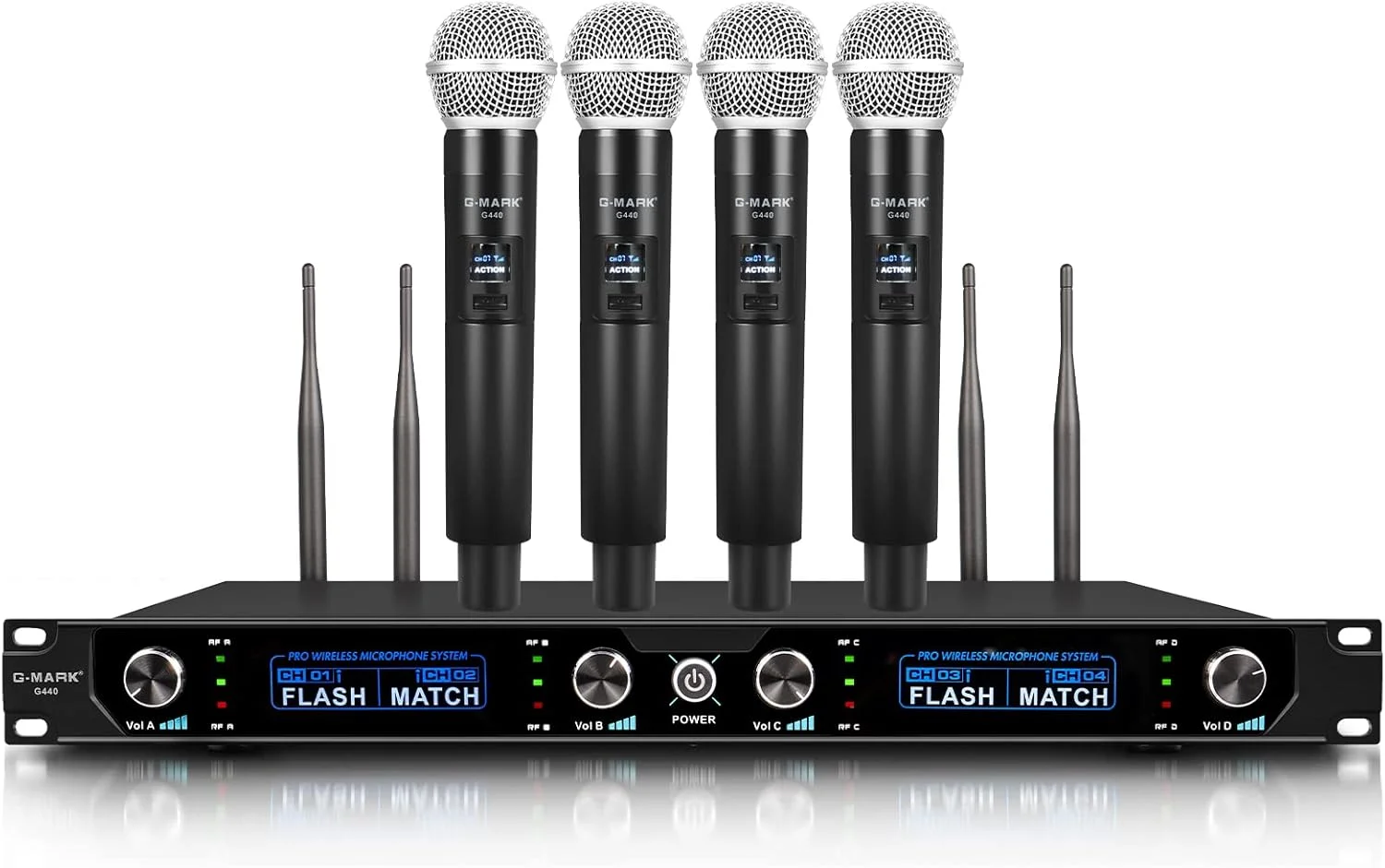 میکروفون بی سیم G-MARK مدل G440، ست میکروفون بی سیم حرفه ای 4 کاناله UHF، میکروفون دستی داینامیک مناسب مهمانی، استیج و نمایش