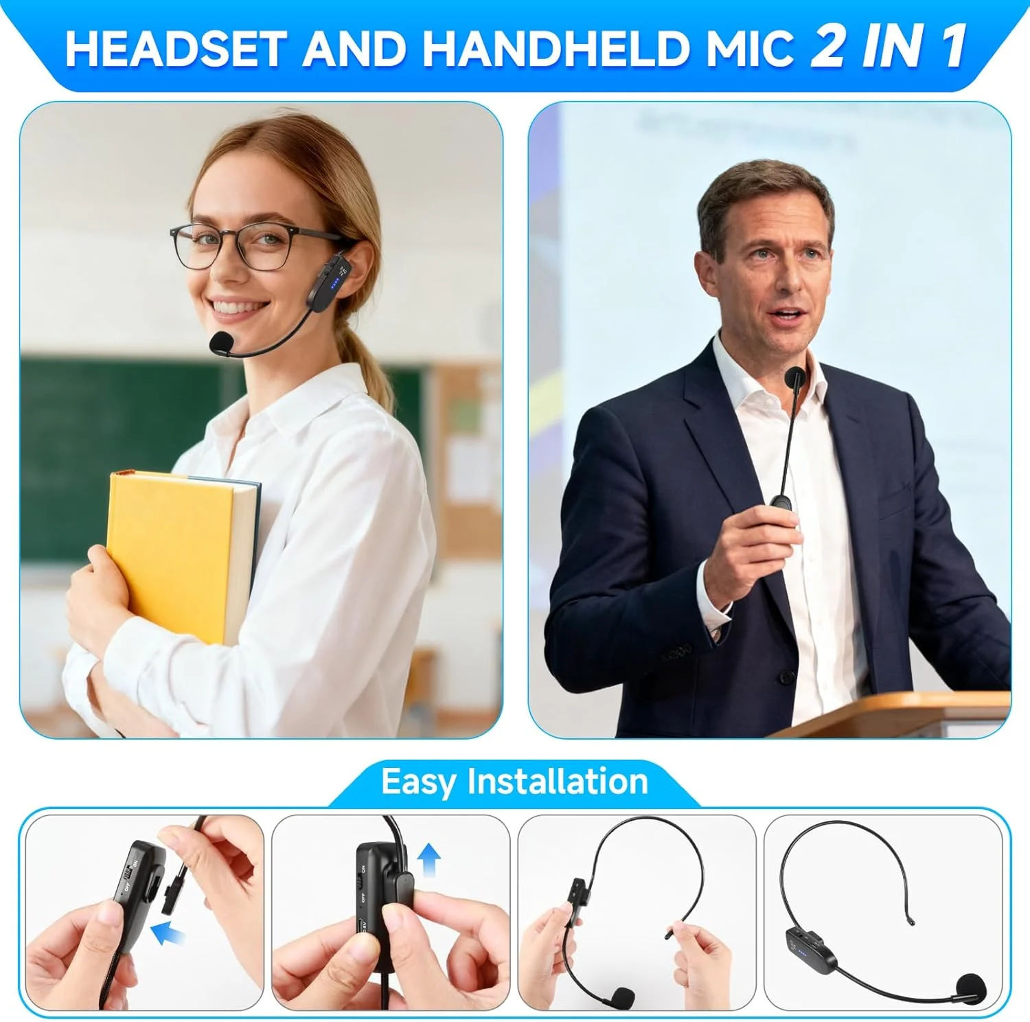 سیستم میکروفون هدست 2.4 گیگاهرتز: هدست و میکروفون دستی در یک دستگاه، با جک های 3.5 میلی متری و 6.35 میلی متری. ایده آل برای سیستم های PA، تقویت کننده های صدا، میکسرها، مناسب برای مهمانی