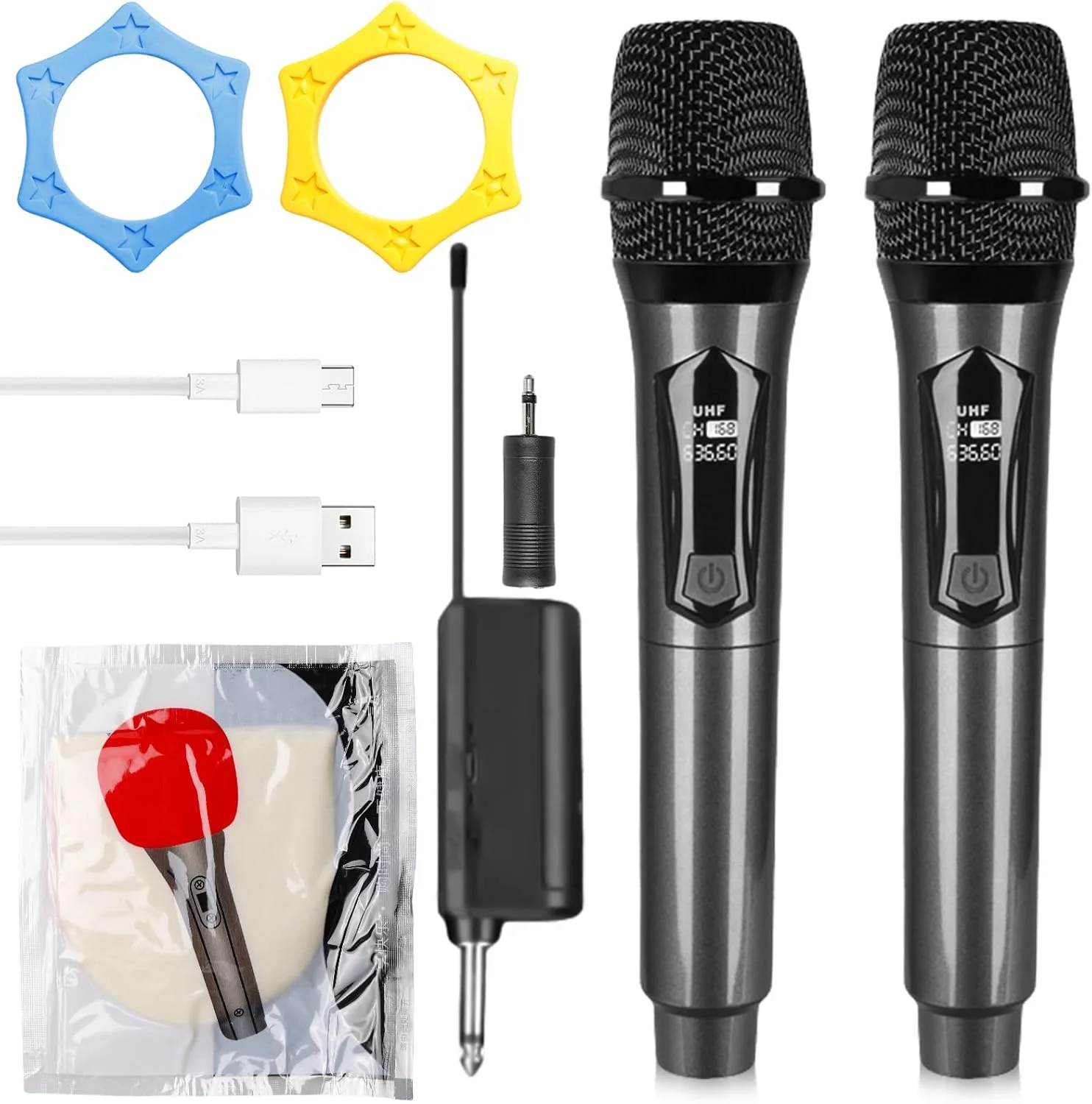 میکروفون بی‌سیم دوگانه، ست میکروفون بی‌سیم با گیرنده قابل شارژ - برد 60 متری، اتصال آسان، صدای شفاف برای کارائوکه، عروسی، مهمانی، سخنرانی، آواز