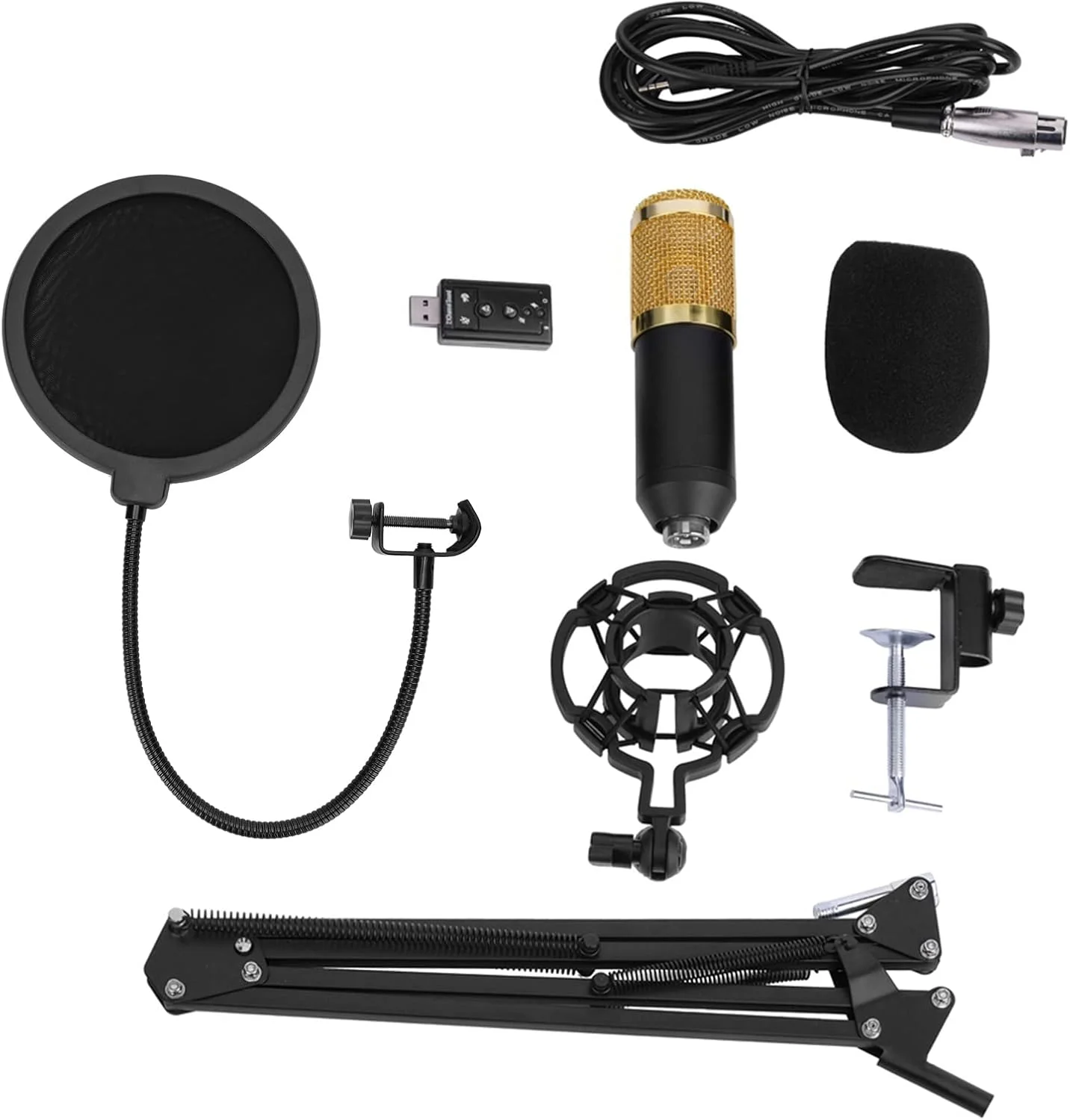 میکروفون کاندنسر BM800، میکروفون استودیویی حرفه ای کاندنسر، پایه، فیلتر پاپ دولایه، کلاهک فوم، ست لوازم جانبی ضبط، ساخته شده از استیل ضد زنگ و پلاستیک