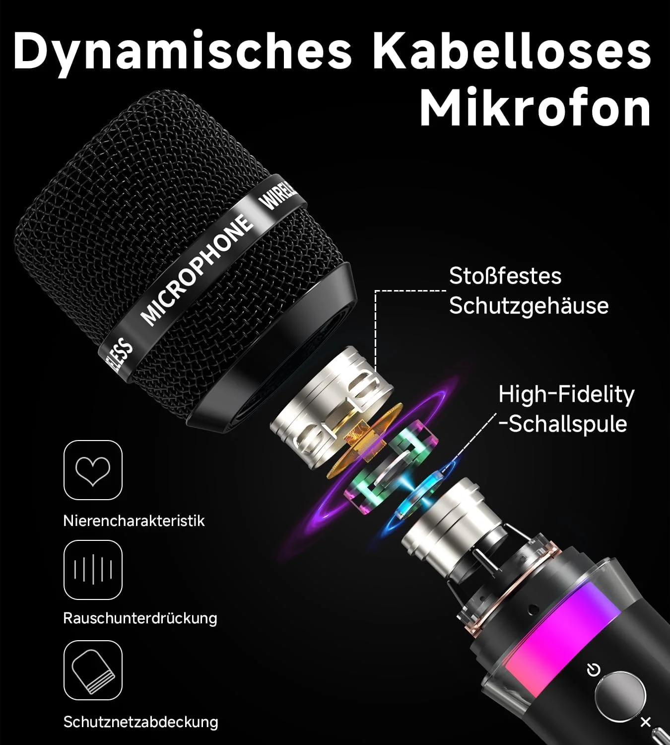 میکروفون بی‌سیم، میکروفون‌های دوتایی بی‌سیم قابل شارژ با اتصال تراشه 1:1 و چراغ‌های LED، 40 ساعت عمر باتری، 200 فوت برد دریافت، میکروفون کارائوکه برای آواز خواندن