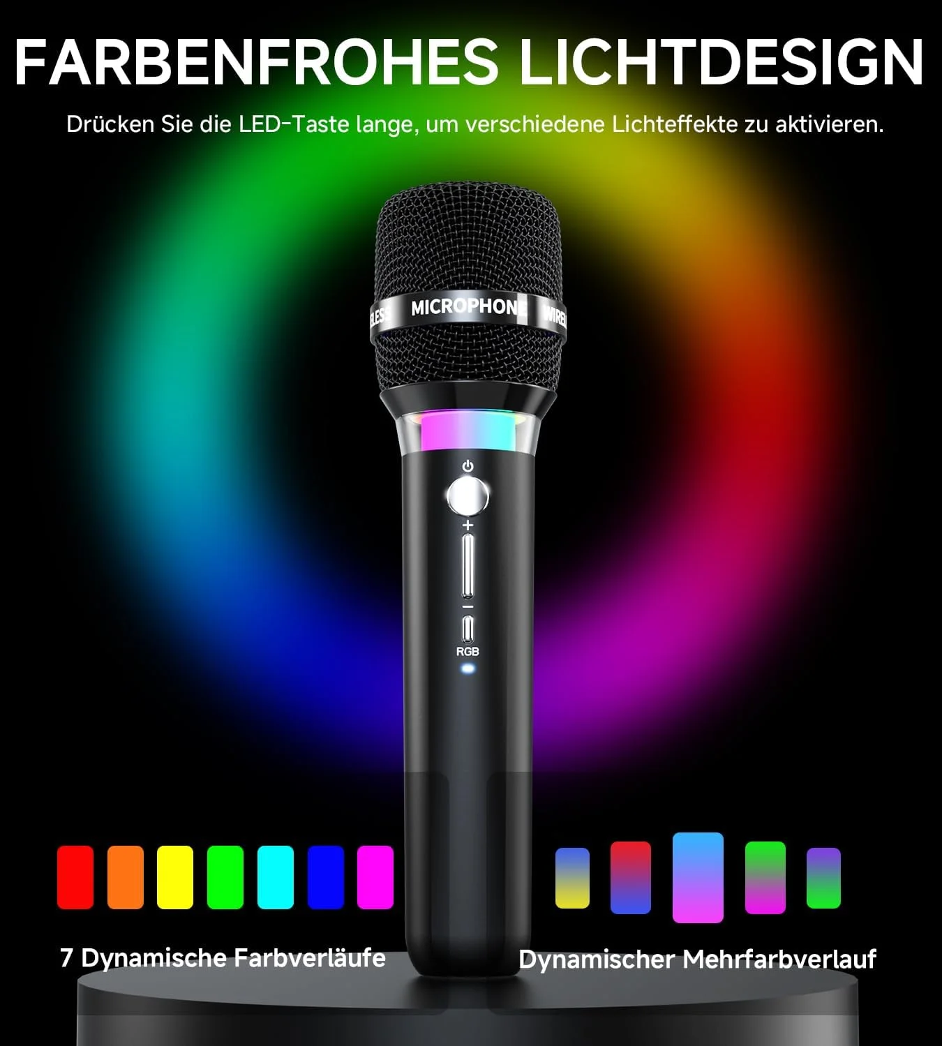 میکروفون بی‌سیم، میکروفون‌های دوتایی بی‌سیم قابل شارژ با اتصال تراشه 1:1 و چراغ‌های LED، 40 ساعت عمر باتری، 200 فوت برد دریافت، میکروفون کارائوکه برای آواز خواندن
