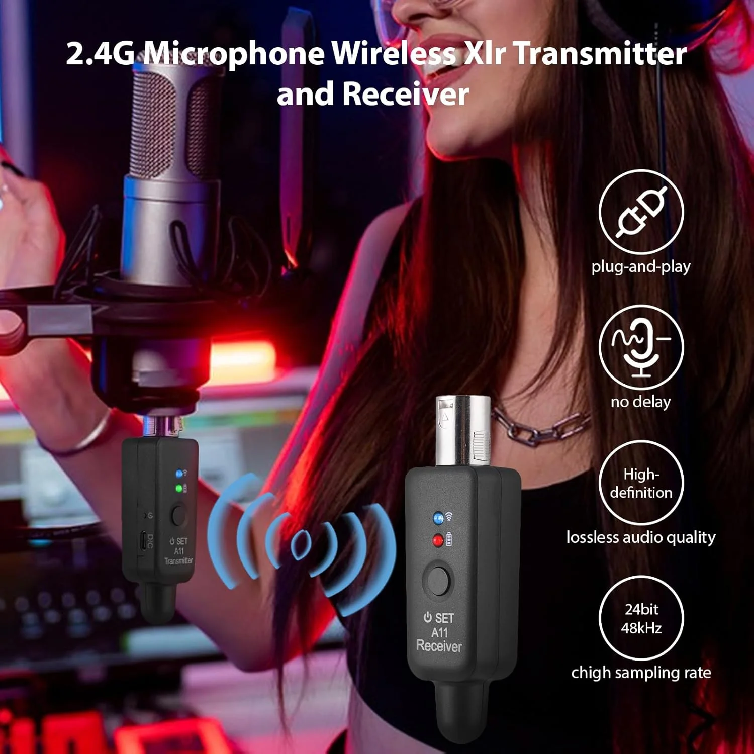 فرستنده و گیرنده میکروفون XLR بی‌سیم Btuty 2.4G، قابل شارژ، حالت‌های قابل تنظیم، سیستم میکروفون بی‌سیم برای میکروفون دینامیک/میکروفون کندانسور/میکسر صدا/گیتار الکتریک/بلندگوی PA