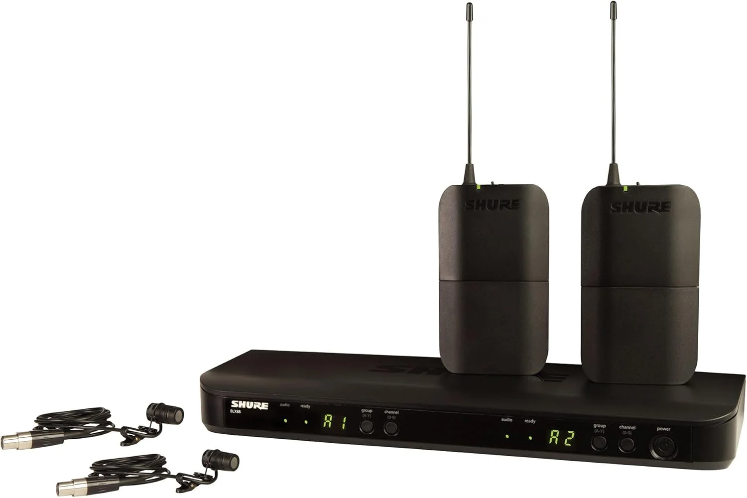 سیستم میکروفون بی سیم UHF Shure BLX188/W85 - ایده آل برای سخنرانان، هنرمندان - 14 ساعت عمر باتری، برد 100 متری | شامل (2) میکروفون یقه ای، گیرنده دو کاناله | باند T11