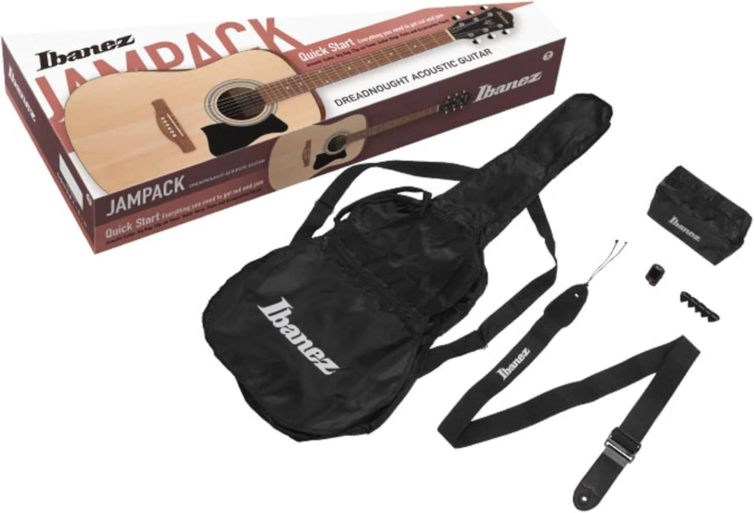 ست گیتار آکوستیک 6 سیم آیبانز Jampack - رنگ مشکی مات + کیف، بند، کوک کننده و پیک