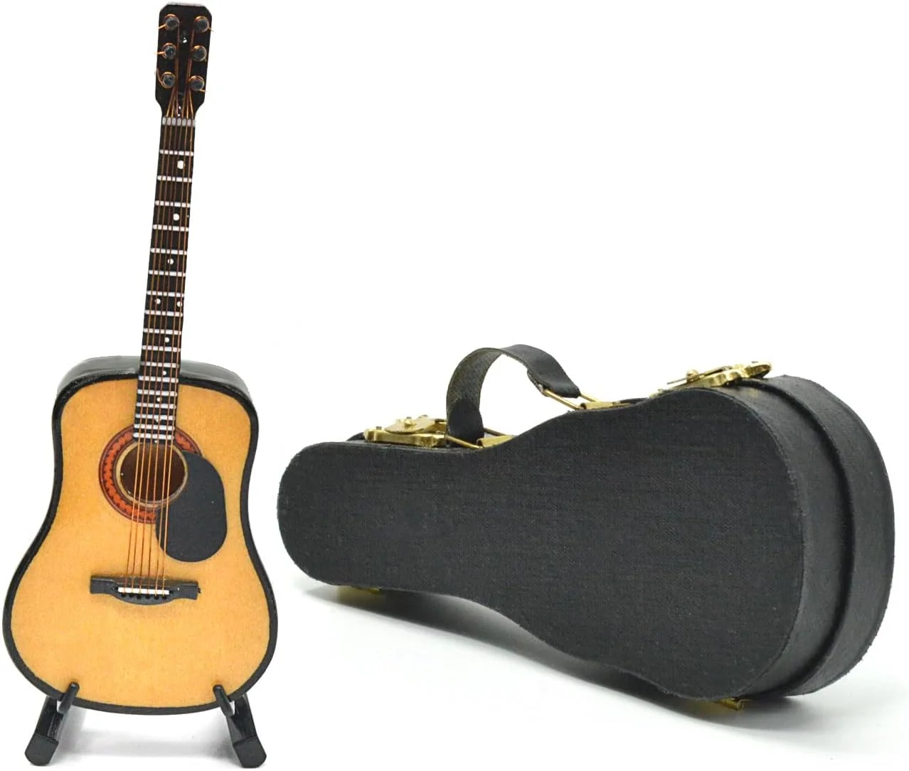 مینی گیتار با پایه و کیف، گیتار آکوستیک مینیاتوری 13 سانتی متری با 6 سیم، دکوری برای خانه، استودیو موسیقی، میز، قفسه، هدیه برای دوستداران گیتار (آکوستیک)