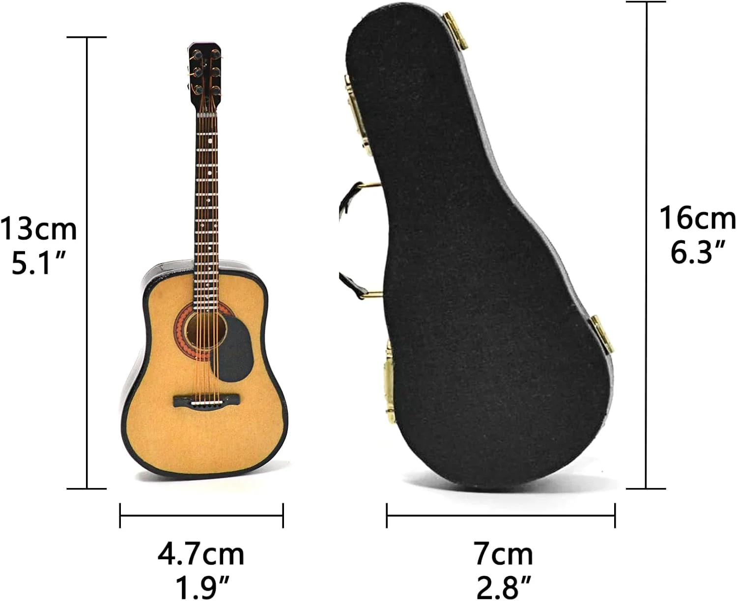 مینی گیتار با پایه و کیف، گیتار آکوستیک مینیاتوری 13 سانتی متری با 6 سیم، دکوری برای خانه، استودیو موسیقی، میز، قفسه، هدیه برای دوستداران گیتار (آکوستیک)