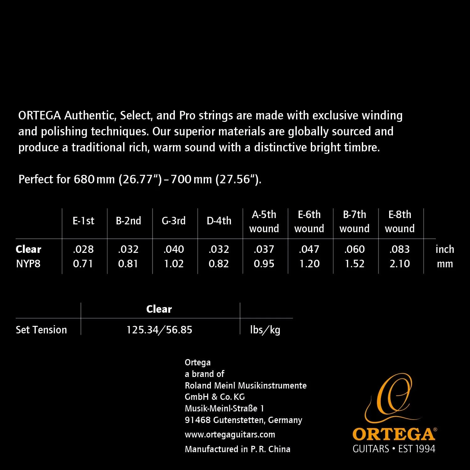 سیم های سفارشی گیتار ارتقا یافته اورتگا - حرفه ای - گیتار کنسرت 8 سیم - نایلون کریستالی روکش شده (NYP8)