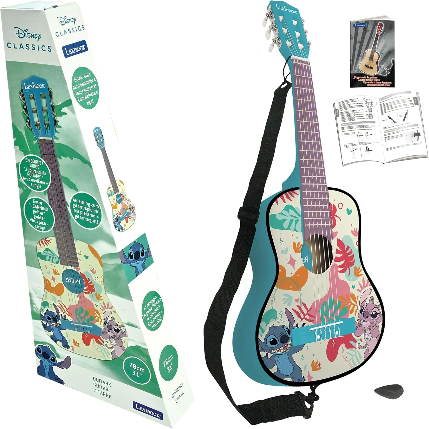 گیتار آکوستیک چوبی دیزنی استیچ Lexibook، 6 سیم نایلونی، 78 سانتی متر (30 اینچ)، راهنمای یادگیری، پیک و بند شامل، آبی، K2000D