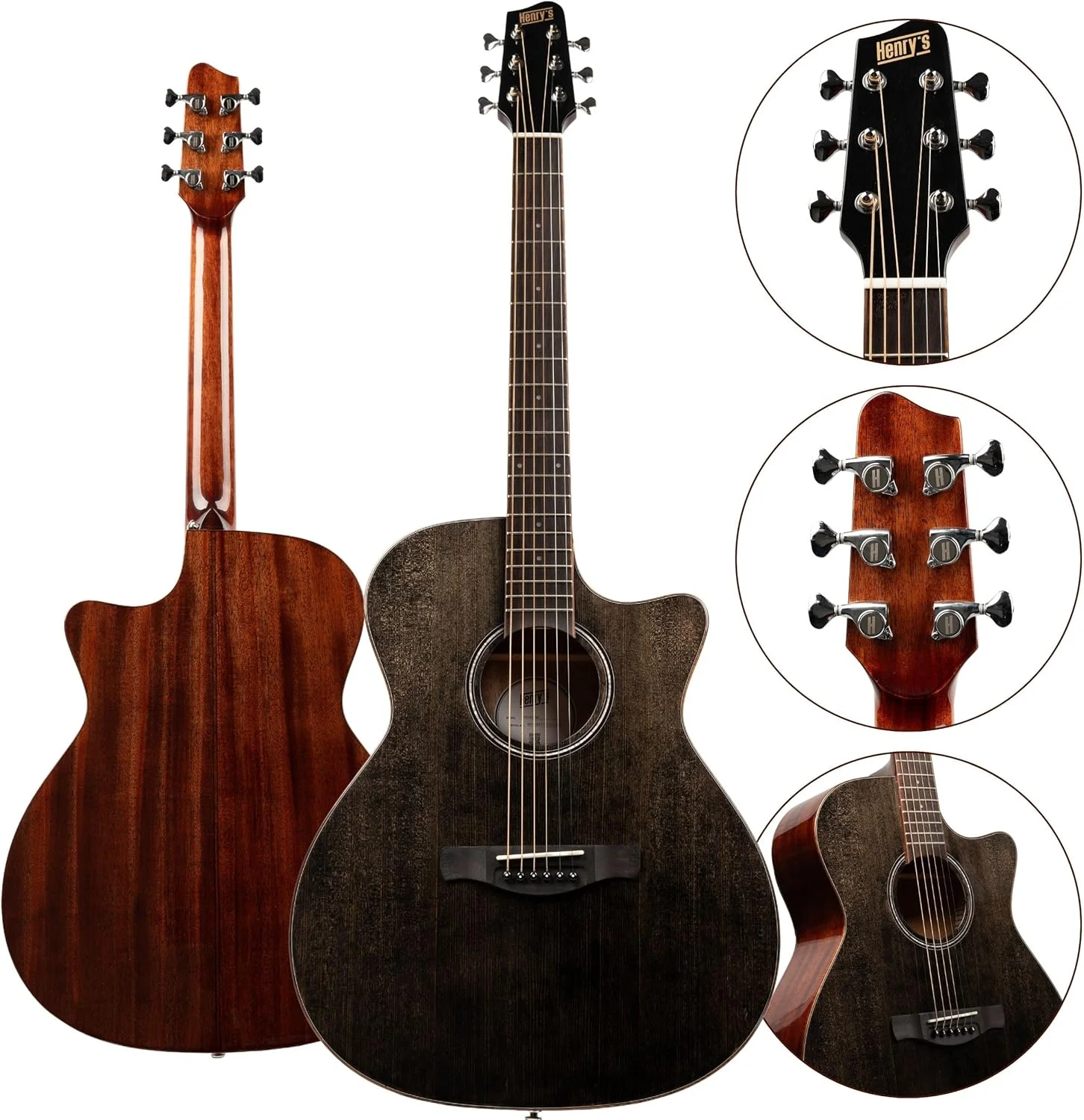 گیتار آکوستیک هنری دیلی - گیتار آکوستیک با صفحه صنوبر سیتکا یکپارچه و بدنه ماهون - گیتار آکوستیک با طراحی چوب تیره - گیتار آکوستیک وسترن برای مبتدیان و نوازندگان پیشرفته