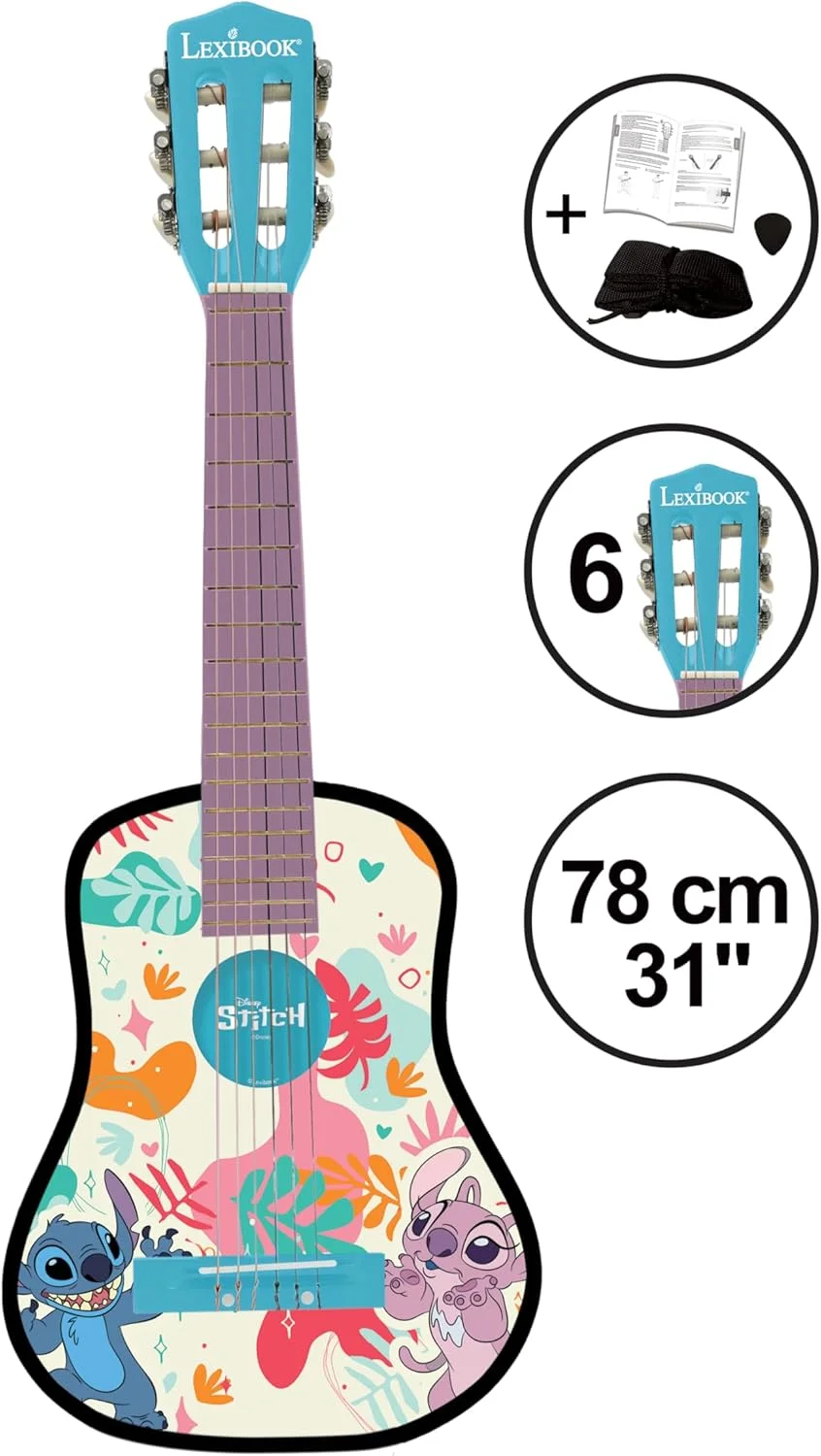 گیتار آکوستیک چوبی دیزنی استیچ Lexibook، 6 سیم نایلونی، 78 سانتی متر (30 اینچ)، راهنمای یادگیری، پیک و بند شامل، آبی، K2000D