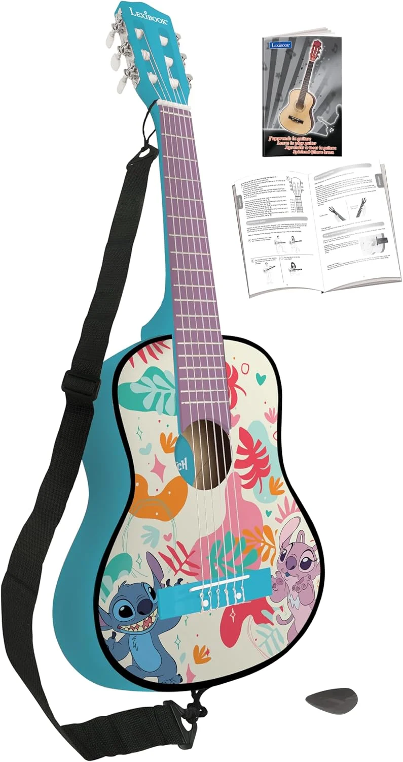 گیتار آکوستیک چوبی دیزنی استیچ Lexibook، 6 سیم نایلونی، 78 سانتی متر (30 اینچ)، راهنمای یادگیری، پیک و بند شامل، آبی، K2000D