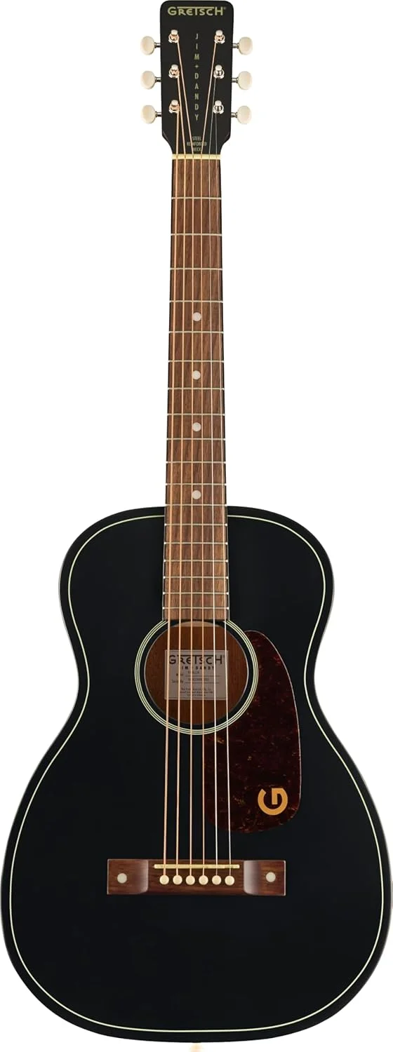 گیتار آکوستیک پارلور گرچ Jim Dandy Deltoluxe، با طراحی کلاسیک وینتیج، دارای صفحه انگشتی گردو و صدای خاص، مناسب برای سبک های فولک و فینگرپیکینگ، با پیک گارد لاک پشتی، به رنگ مشکی