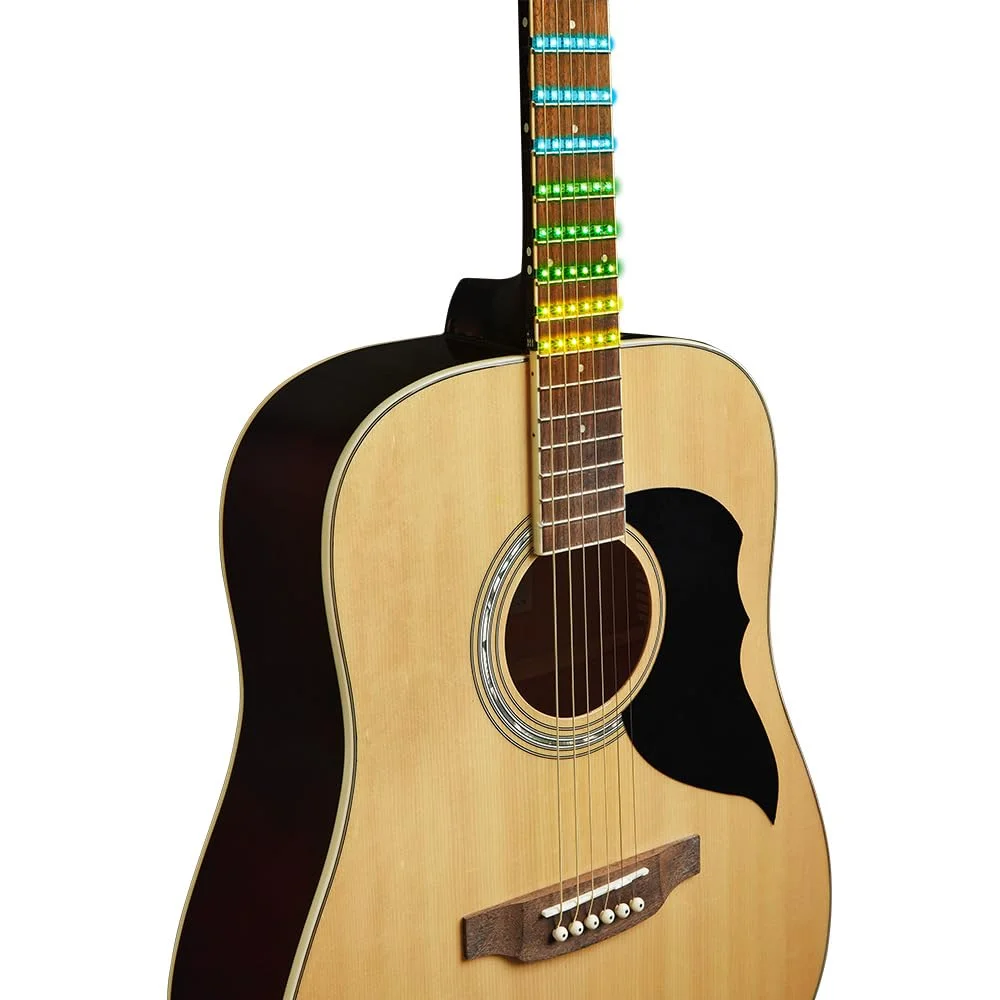 گیتارهای EKO - RANGER NAT VISUAL NOTE، گیتار آکوستیک Dreadnought "Visual Note"، صفحه رویی صنوبر، فرت و صفحه پشتی از جنس لیندن، فویل LED "Visual Note" که به یک برنامه اختصاصی متصل می شود.