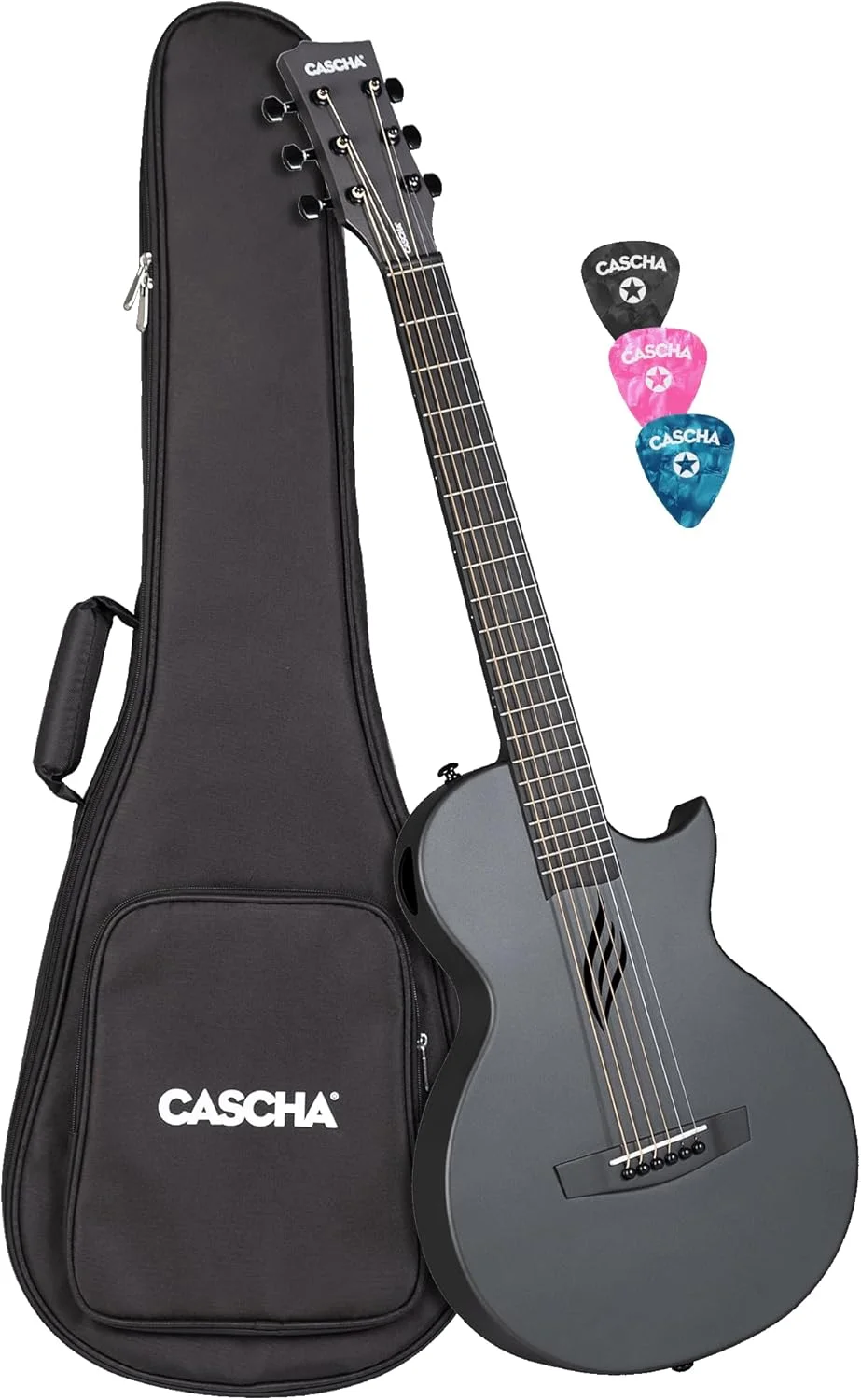 گیتار آکوستیک فیبر کربنی Cascha، گیتار مبتدی برای بزرگسالان، مسافرت، آکوستیک، شامل کیف، بند گیتار، پارچه تمیز کننده، پیک، سیم های اضافی