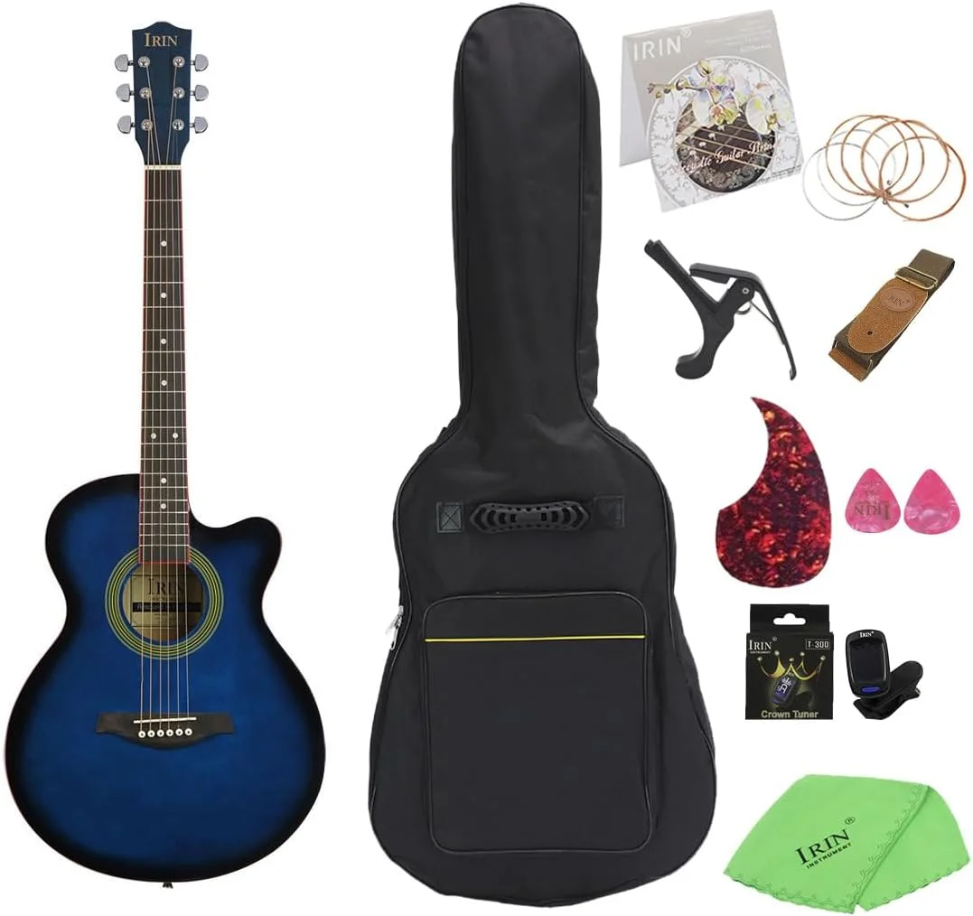 گیتار فولک 40 اینچی، گیتار باس وود، گیتار آکوستیک کلاسیک، گیتار درجه یک برای اجرای مبتدیان و بزرگسالان، گیتار 40 اینچی، گیتار فولک، ساز زهی، ست گیتار (آبی)