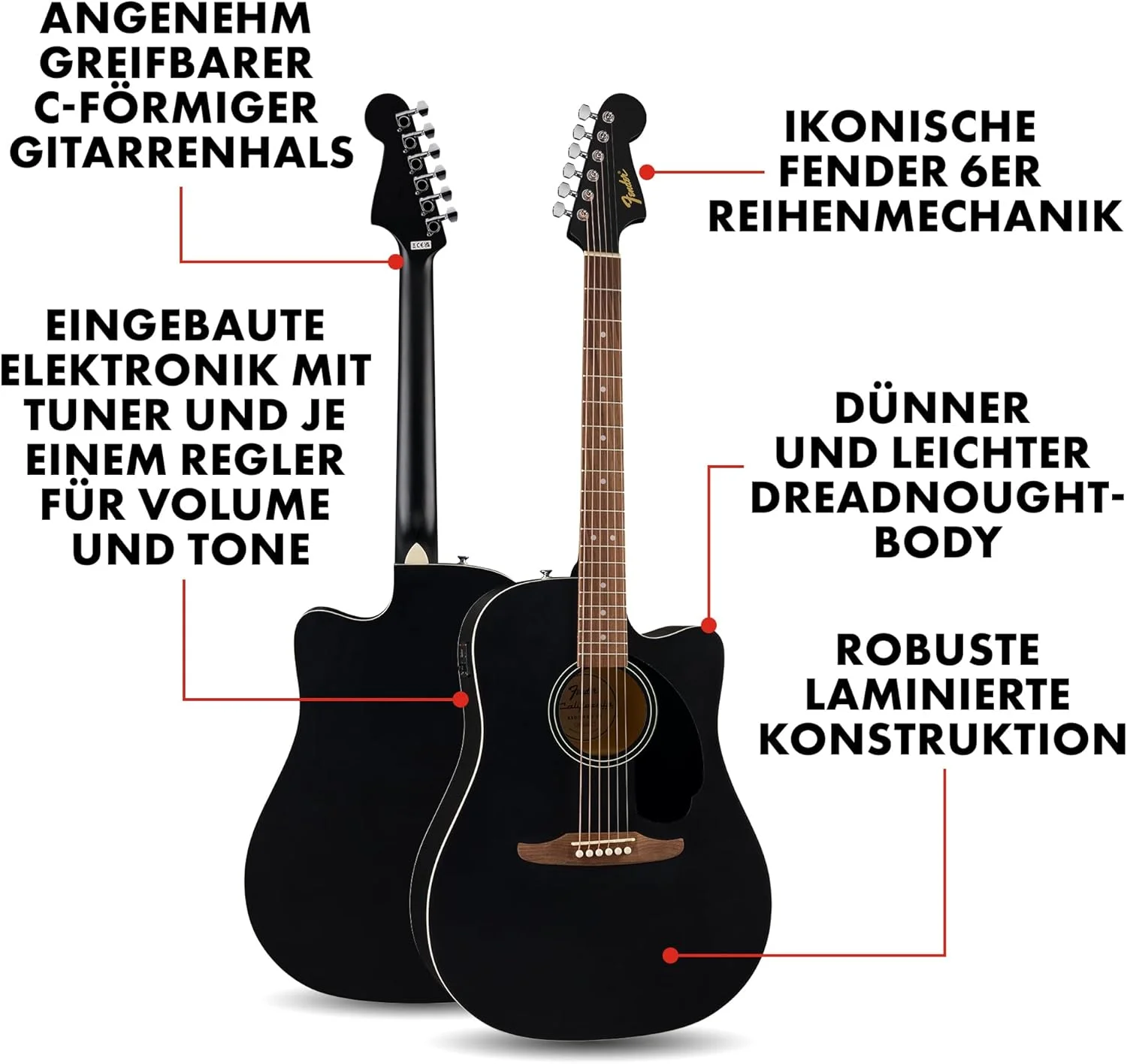گیتار آکوستیک کات اوی Fender California Debut Redondo Dreadnought با صفحه رویی صنوبر و پیک گارد مشکی، مشکی
