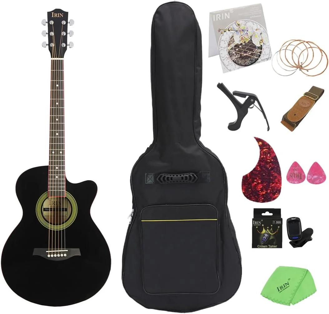 گیتار فولک 40 اینچی، گیتار باس‌وود، گیتار آکوستیک کلاسیک، گیتار درجه یک برای اجرای مبتدیان و بزرگسالان، گیتار 40 اینچی، گیتار فولک، ساز زهی، ست گیتار (مشکی)