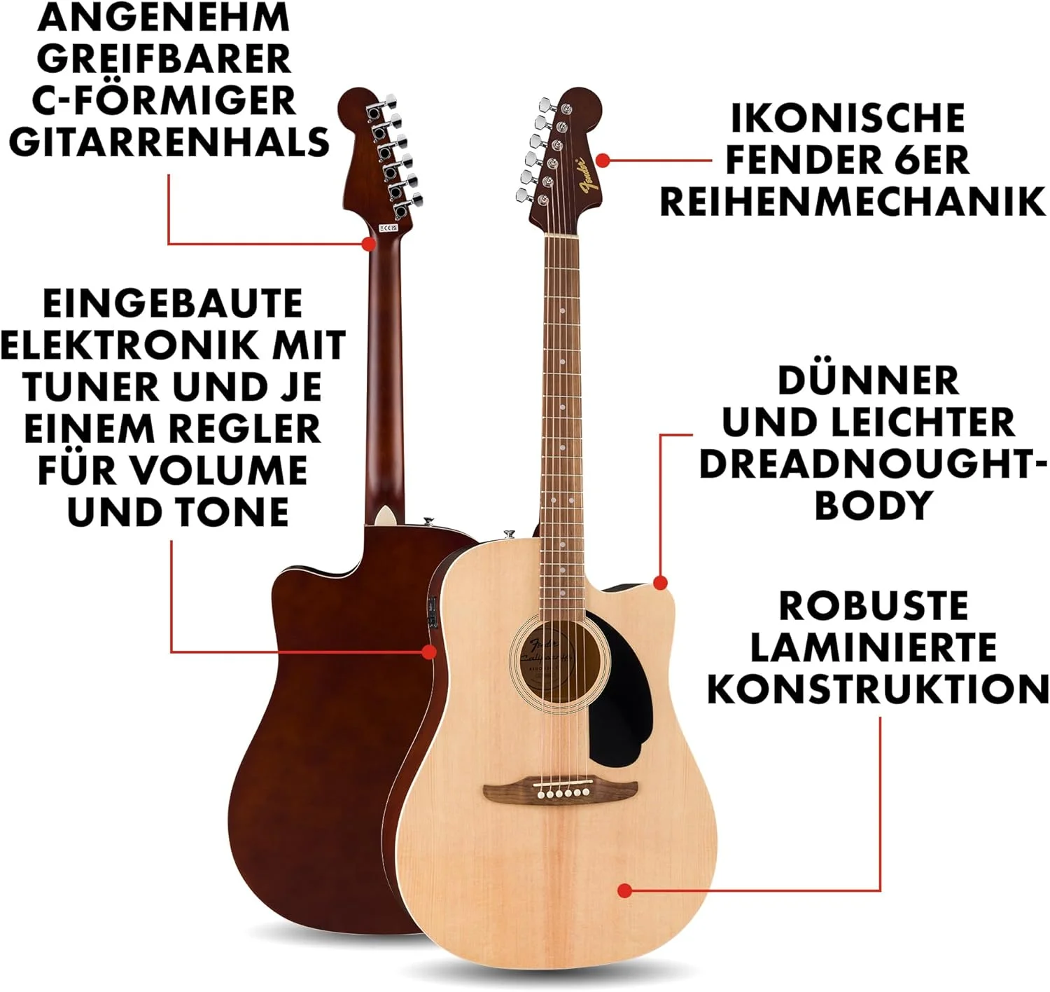 گیتار آکوستیک کات اوی Fender California Debut Redondo Dreadnought، صفحه رویی صنوبر، پیک گارد مشکی، رنگ طبیعی