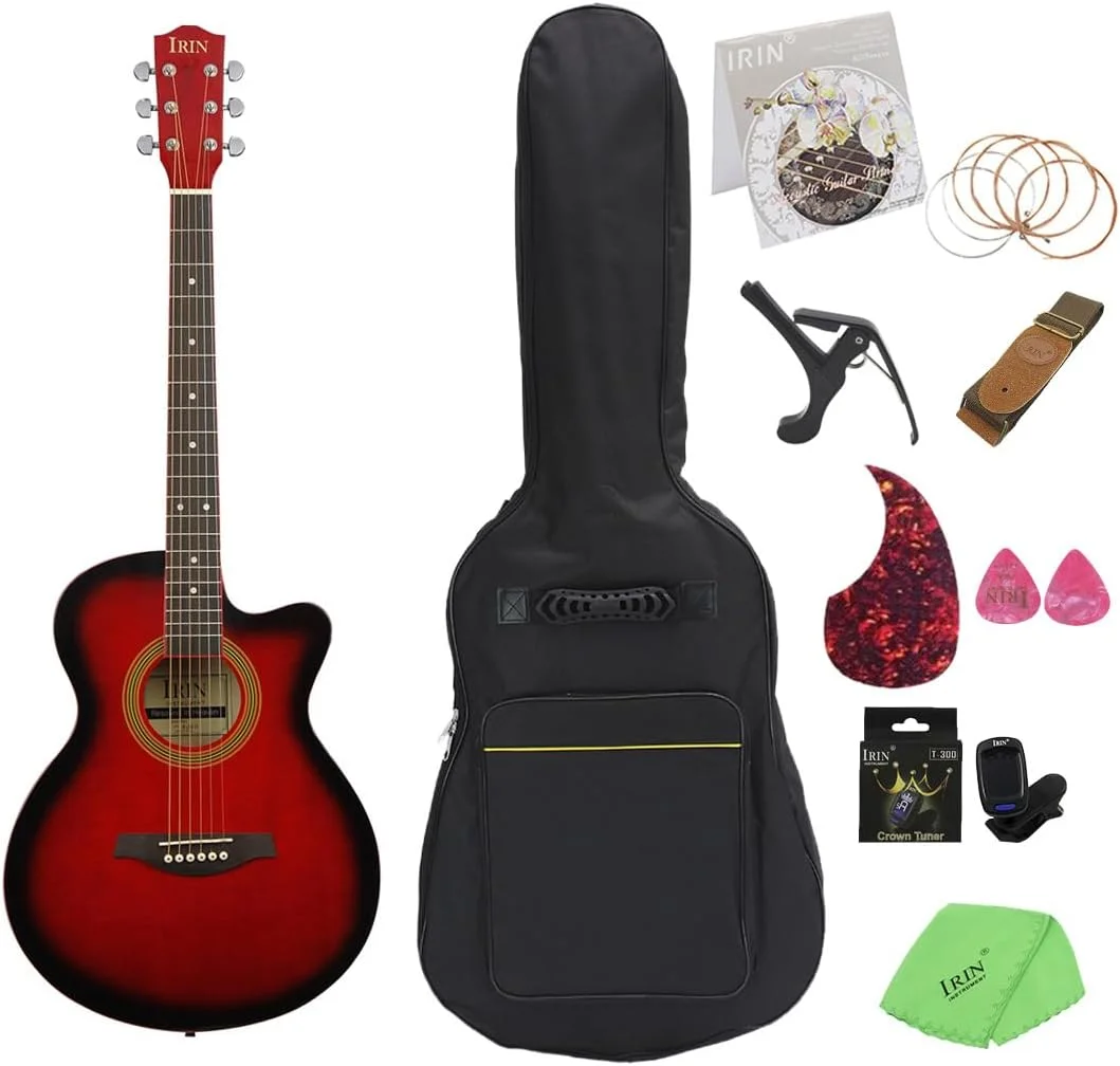 گیتار فولک 40 اینچی، گیتار باس وود شیاردار، گیتار آکوستیک کلاسیک، گیتار درجه یک اجرای مبتدی بزرگسالان، گیتار 40 اینچی، گیتار فولک، ساز زهی، ست گیتار (قرمز)