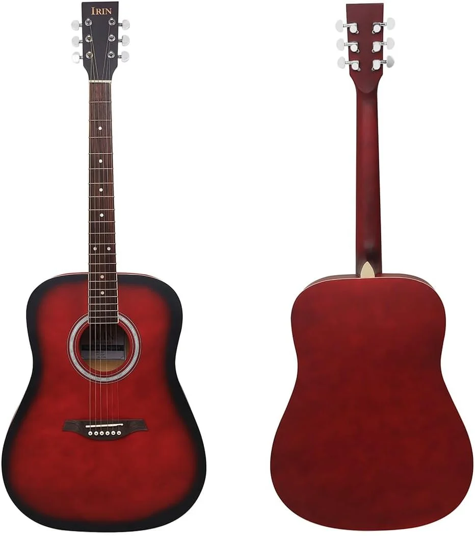 گیتار آکوستیک، گیتار ۴۱ اینچی، گیتار فولک، گیتار تمرینی مبتدی بزرگسالان، گیتار آکوستیک فولک گرد چوب لیندن، ساز زهی، ساز گیتار، گیتار آکوستیک، گیتار (قرمز)