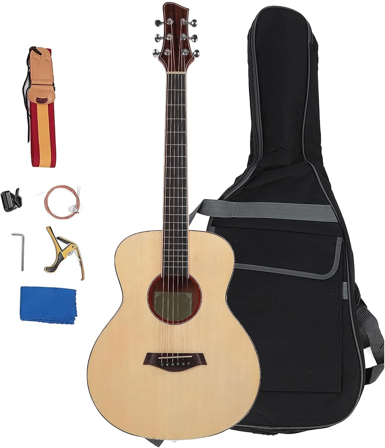 مجموعه گیتار آکوستیک فولک، مجموعه گیتارهای آکوستیک چوبی فولک 36 اینچی برای کودکان و بزرگسالان، گردن ماهون و چوب صنوبر تیره، مهاربندی X صدفی، کیف مجموعه گیتار آکوستیک فولک، مجموعه گیتارهای آکوستیک چوبی فولک 36 اینچی برای کودکان و بزرگسالان، گردن ماهون و چوب صنوبر تیره، مهاربندی X صدفی، کیف
