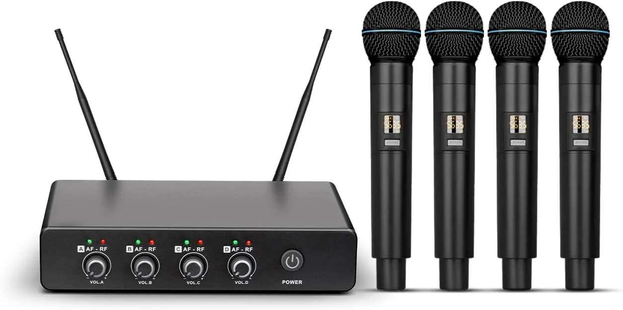 میکروفون بی سیم Depusheng R5، سیستم میکروفون دستی بی سیم حرفه ای UHF با چهار میکروفون دینامیکی برای کارائوکه خانگی، جلسات، مهمانی ها، کلیساها، دی جی ها، عروسی ها، مجموعه KTV خانگی