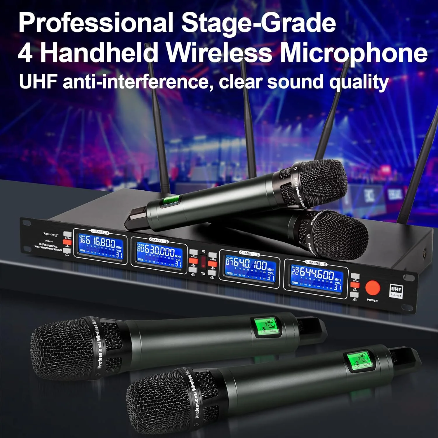 میکروفون بیسیم حرفهای استیج Depusheng DR2400، ۴ کانال، میکروفون دستی بیسیم، بدنه فلزی، جفتسازی با یک کلید، دریافت از راه دور ۱۰۰ متری، بسیار مناسب برای مهمانی کارائوکه و عروسی میکروفون بیسیم حرفهای استیج Depusheng DR2400، ۴ کانال، میکروفون دستی بیسیم، بدنه فلزی، جفتسازی با یک کلید، دریافت از راه دور ۱۰۰ متری، بسیار مناسب برای مهمانی کارائوکه و عروسی