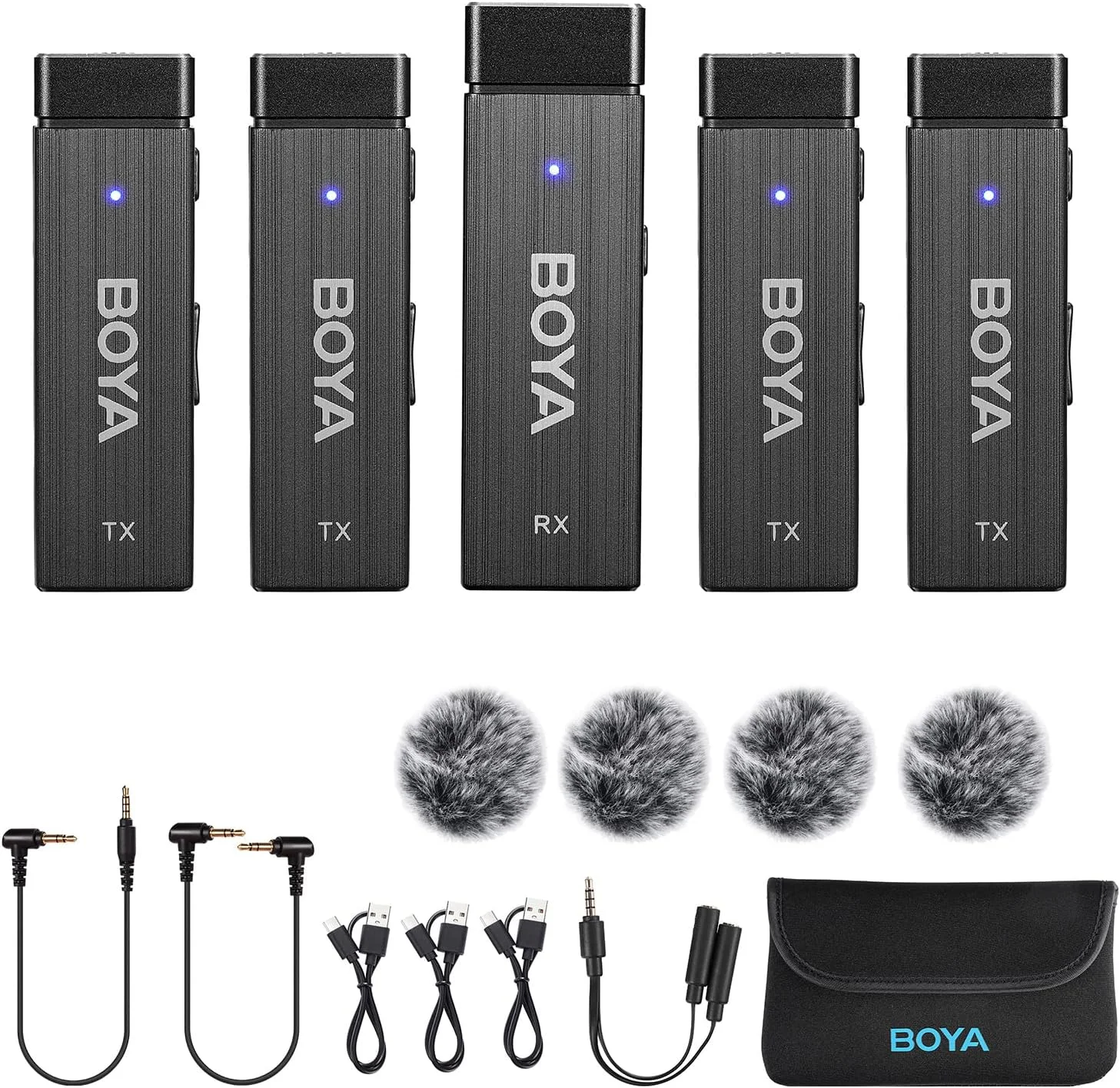 سیستم میکروفون یقه‌ای بی‌سیم 4 کاناله BOYA مدل BY-W4 2.4G، بی‌سیم، 4 فرستنده و یک گیرنده برای دوربین DSLR، دوربین فیلمبرداری، تلفن‌های هوشمند، مصاحبه، ولاگ، ویدیو، یوتیوب