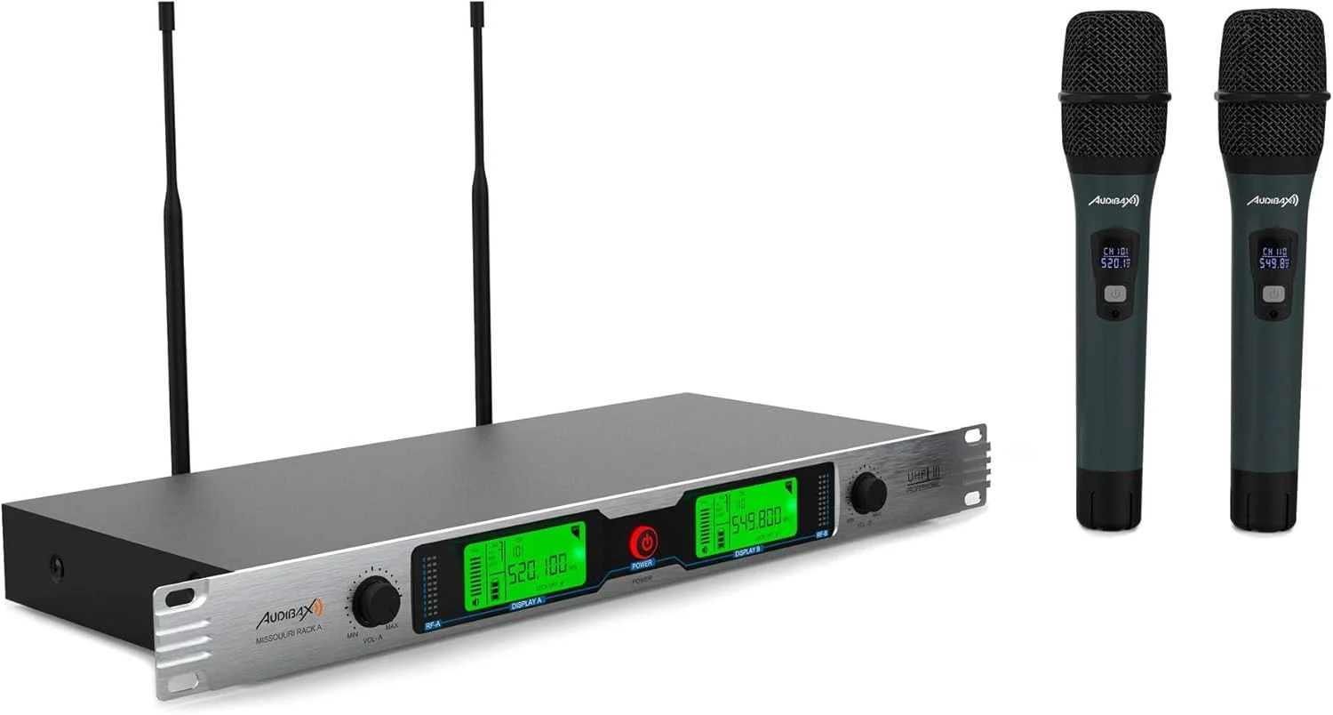 میکروفون بی سیم حرفه ای دوگانه دستی UHF Audibax Missouri Rack A، قابل نصب در رک 19 اینچ