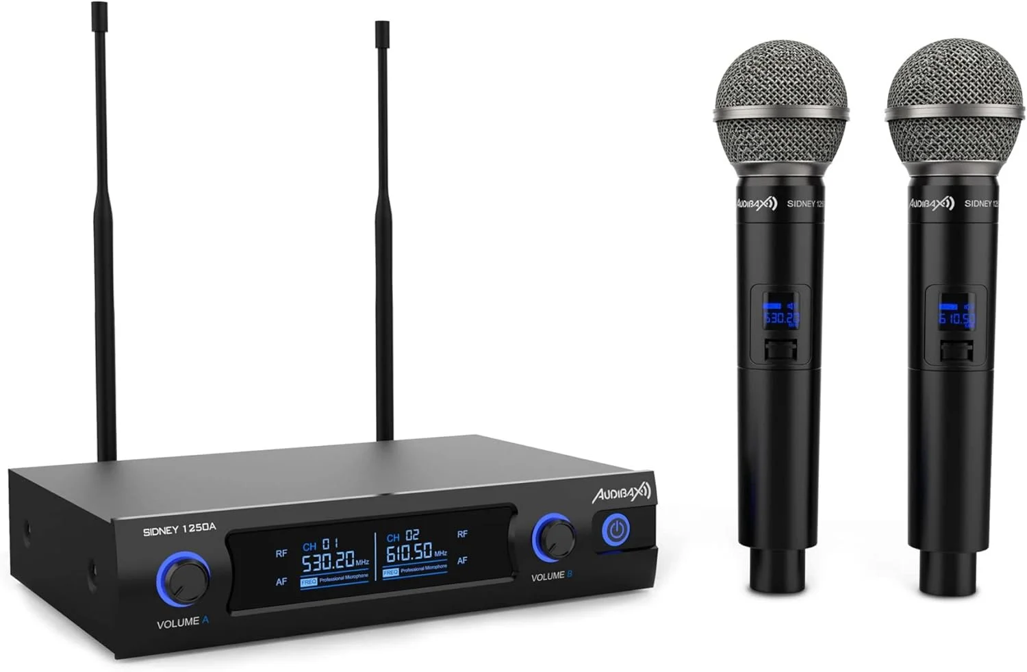 Audibax Sidney 1250 A میکروفون دو دستی حرفه ای UHF فرکانس A + کیف Audibax Sidney 1250 A میکروفون دو دستی حرفه ای UHF فرکانس A + کیف