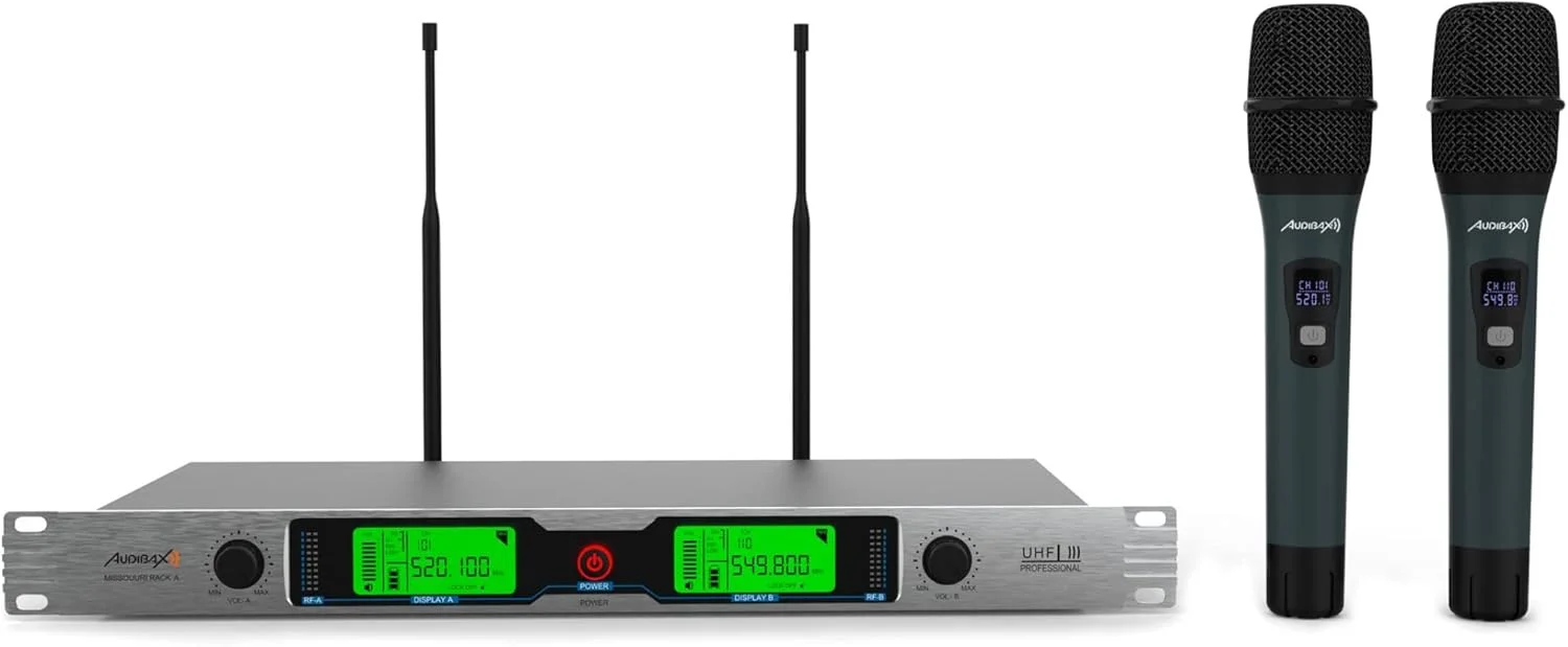 میکروفون بی سیم حرفه ای دوگانه دستی UHF Audibax Missouri Rack A، قابل نصب در رک 19 اینچ
