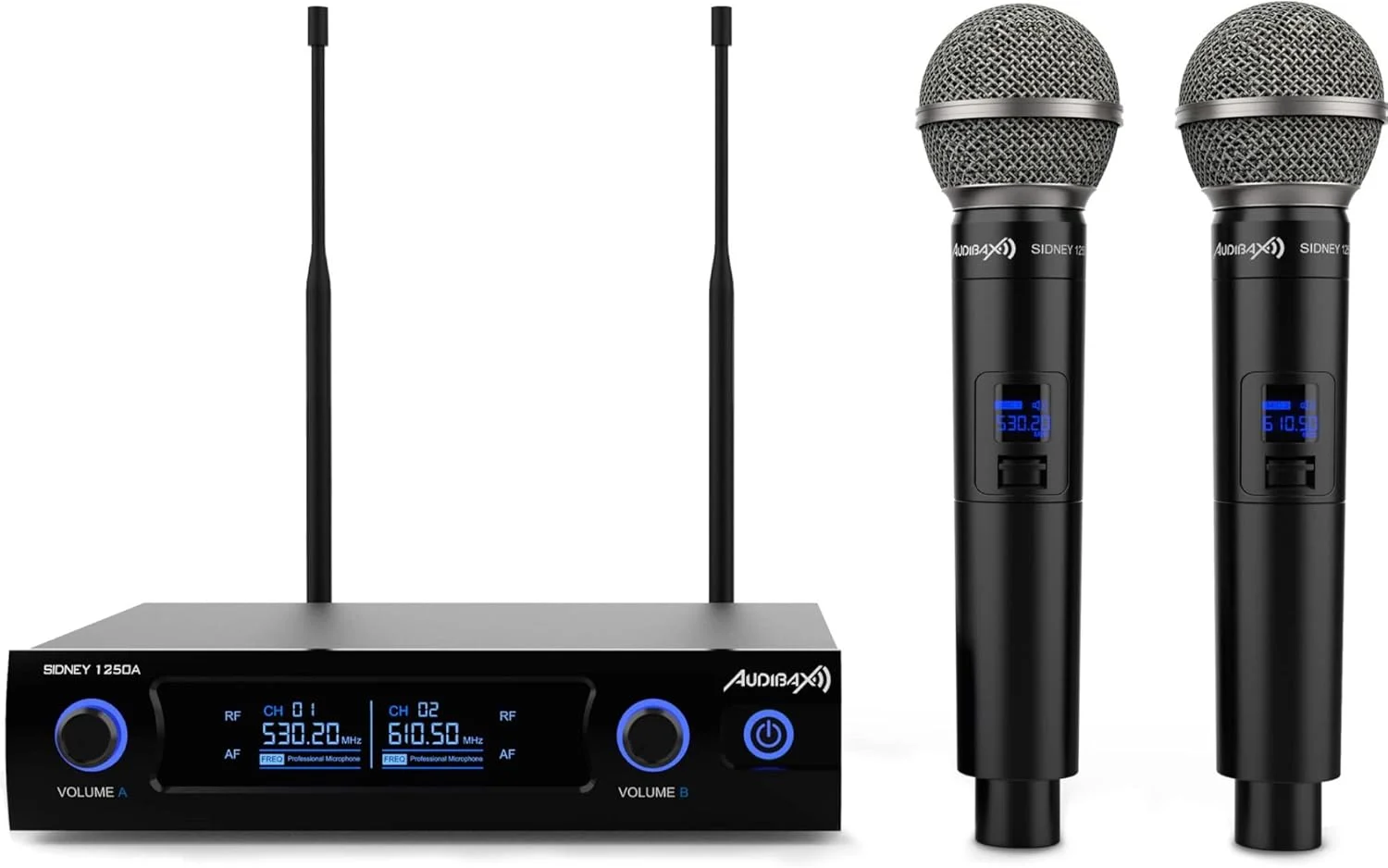 Audibax Sidney 1250 A میکروفون دو دستی حرفه ای UHF فرکانس A + کیف Audibax Sidney 1250 A میکروفون دو دستی حرفه ای UHF فرکانس A + کیف