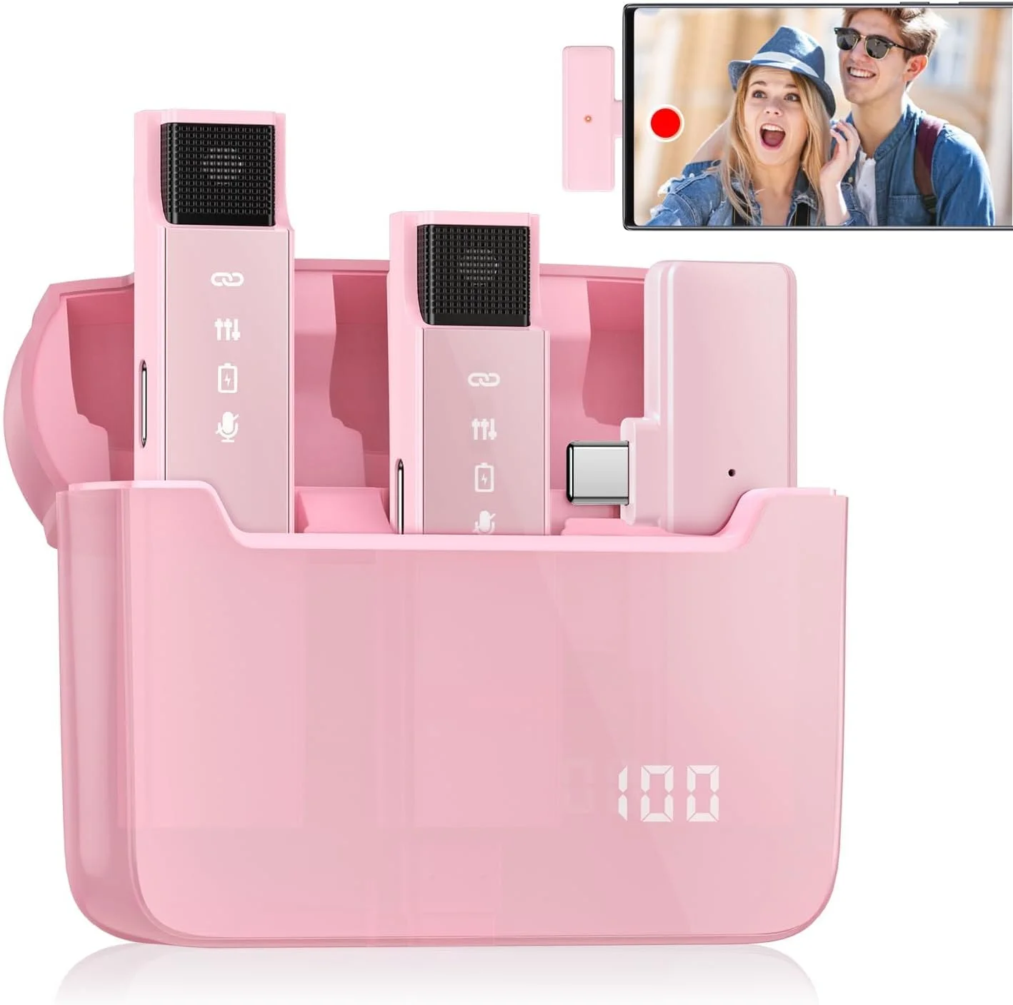 میکروفون یقه ای بی سیم دوگانه رزا برای تلفن های USB-C با نشانگر HD، میکروفون مینی صورتی با جعبه شارژ LED 30 ساعته و حذف نویز فعال