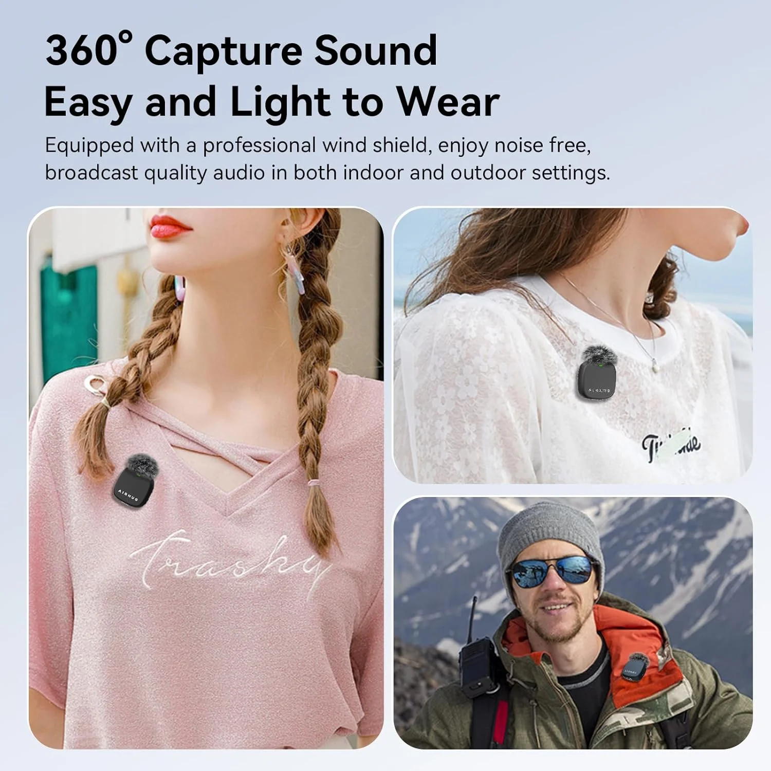 میکروفون یقه‌ای بی‌سیم AIRHUG برای آیفون/اندروید/کامپیوتر، باتری 60 ساعته، 48 کیلوهرتز 24 بیت، اتصال آسان Lightning/USB-C، 3 حالت ضبط، میکروفون یقه‌ای برای ولاگ، یوتیوب، مصاحبه