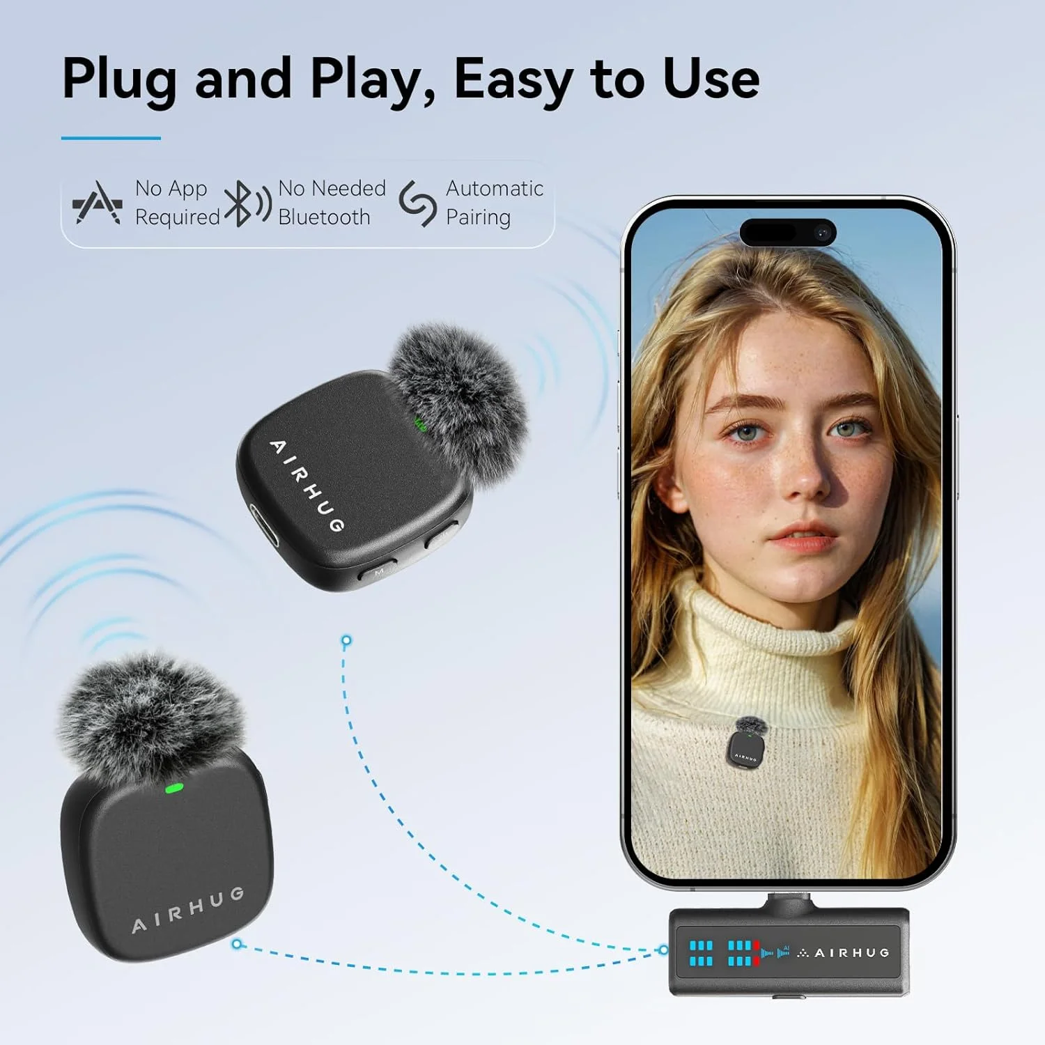 میکروفون یقه‌ای بی‌سیم AIRHUG برای آیفون/اندروید/کامپیوتر، باتری 60 ساعته، 48 کیلوهرتز 24 بیت، اتصال آسان Lightning/USB-C، 3 حالت ضبط، میکروفون یقه‌ای برای ولاگ، یوتیوب، مصاحبه
