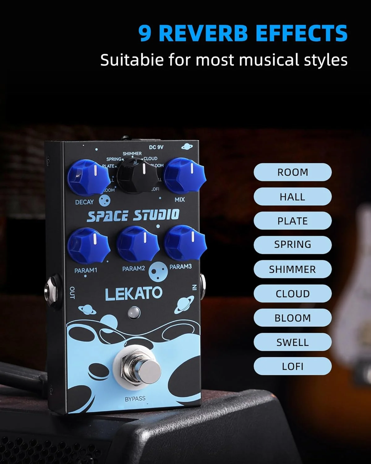 پدال ریورب LEKATO با 9 افکت ریورب دیجیتال برای گیتار الکتریک