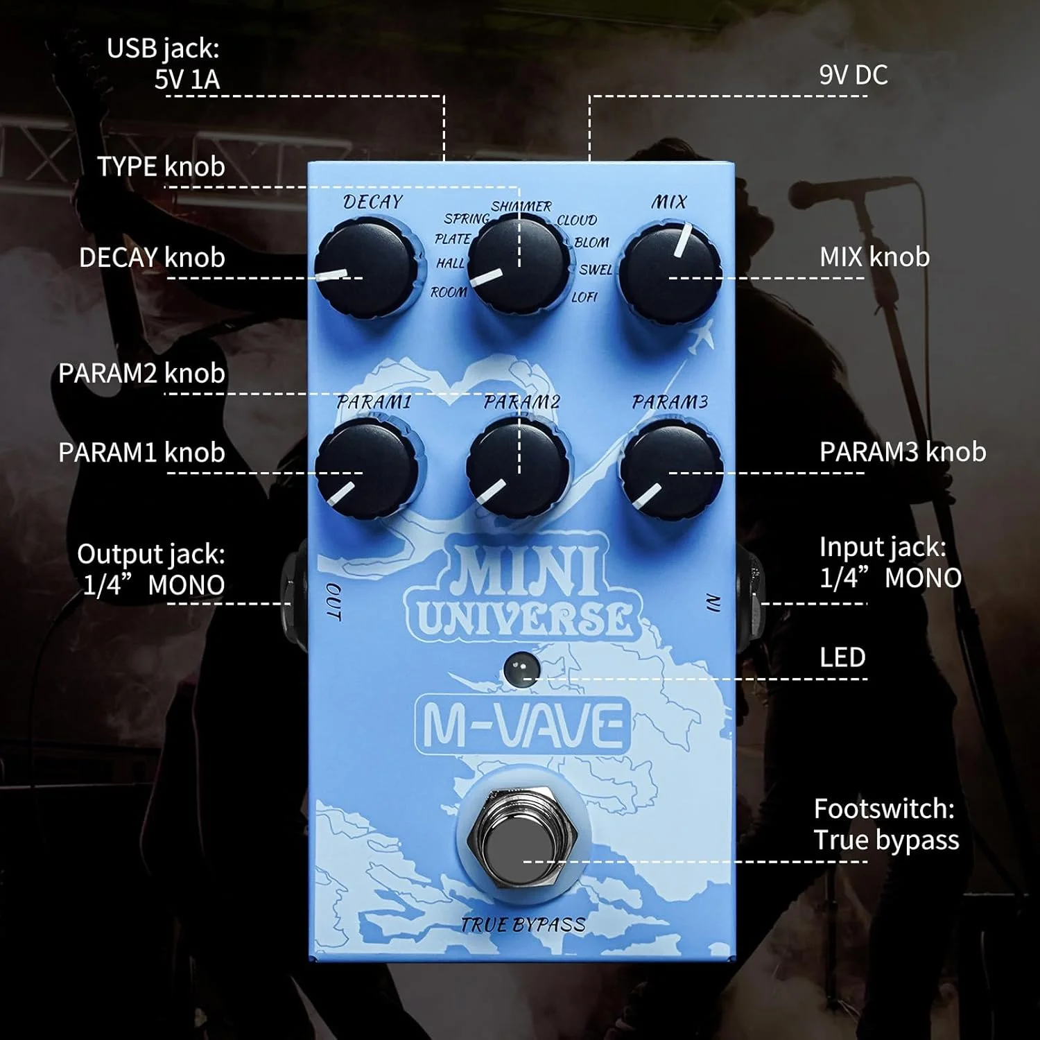 پدال افکت گیتار نیکو M-VAVE با 9 نوع ریورب، پدال افکت ریورب با صدای گرم و معتبر، مدل‌سازی دیجیتال (آبی)