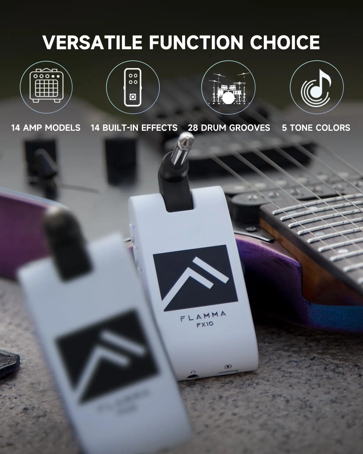 آمپلی فایر هدفون گیتار قابل حمل FLAMMA با افکت های داخلی، مدل های آمپلی فایر، ریتم های درام، پشتیبانی از بلوتوث، ضبط و پخش صدای USB (سفید)