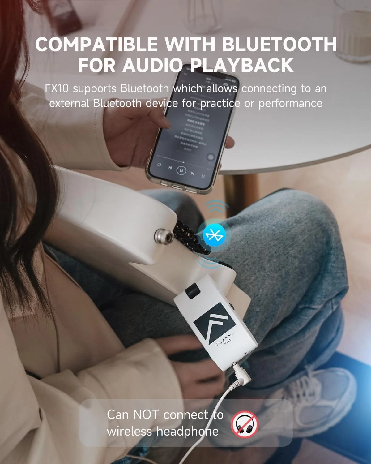 آمپلی فایر هدفون گیتار قابل حمل FLAMMA با افکت های داخلی، مدل های آمپلی فایر، ریتم های درام، پشتیبانی از بلوتوث، ضبط و پخش صدای USB (سفید)