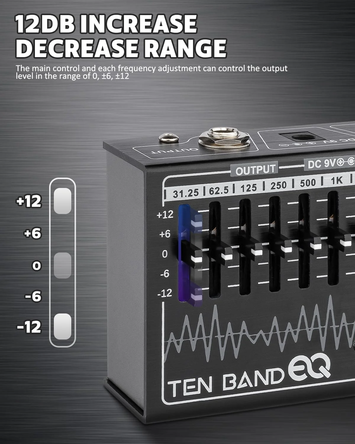 پدال اکولایزر ۱۰ باندی STRICH برای گیتار الکتریک، پدال افکت اکولایزر، اکولایزر برای گیتار و باس، ۱۰ باند فرکانسی (۳۱.۲۵ هرتز تا ۱۶ کیلوهرتز) با تقویت/کاهش ±۱۲ دسی بل در هر باند، اکولایزر TEN BAND