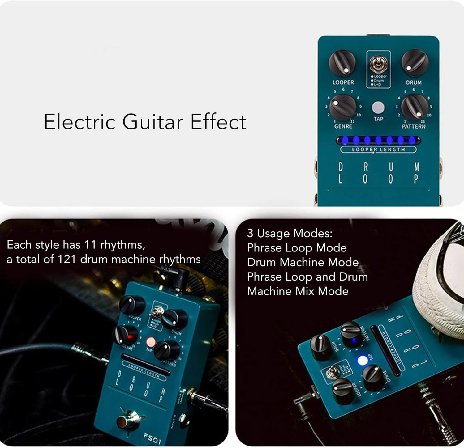 پدال افکت حلقه درام گیتار الکتریک DC 9V، پدال افکت ماشین درام برای ضبط گیتار، افکت های تک بلوکی نمایش زنده صحنه